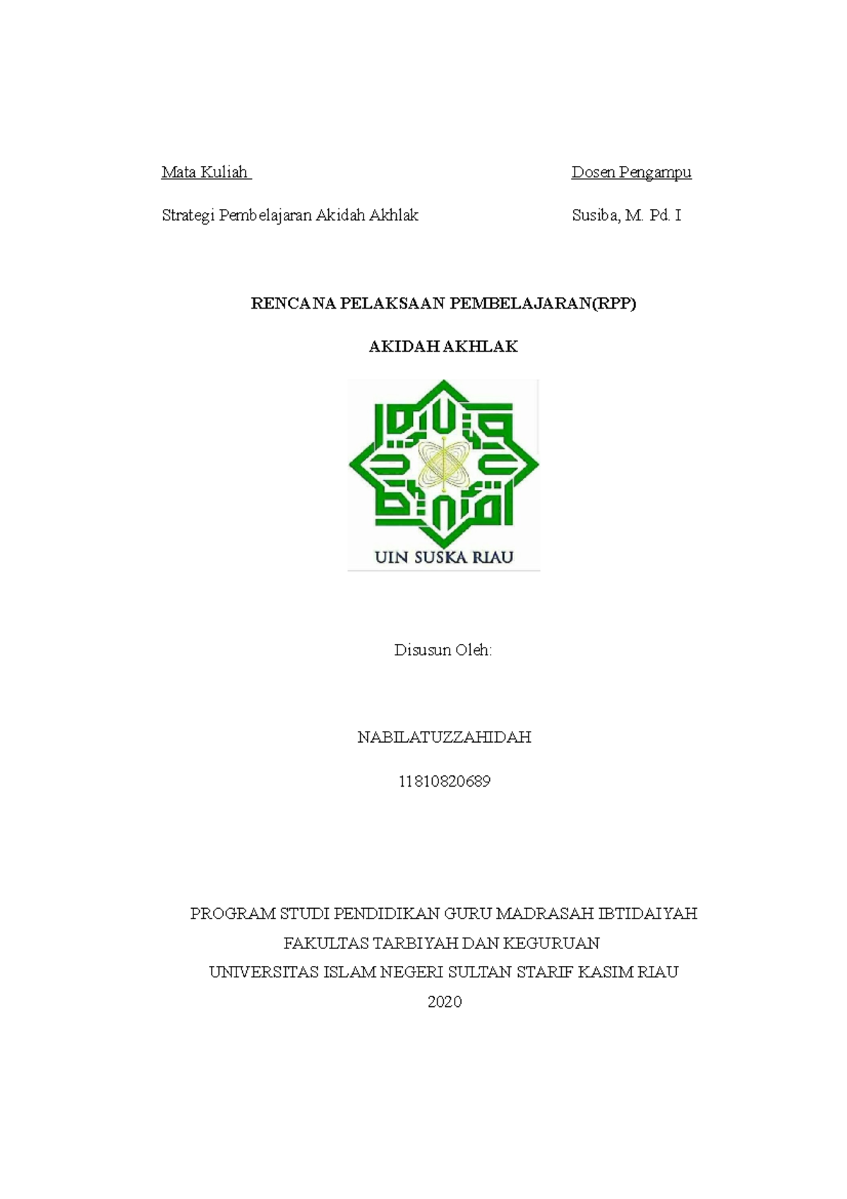 RPP AA Nabila - rencana pelaksanaan pembelajaran - Mata Kuliah Dosen ...
