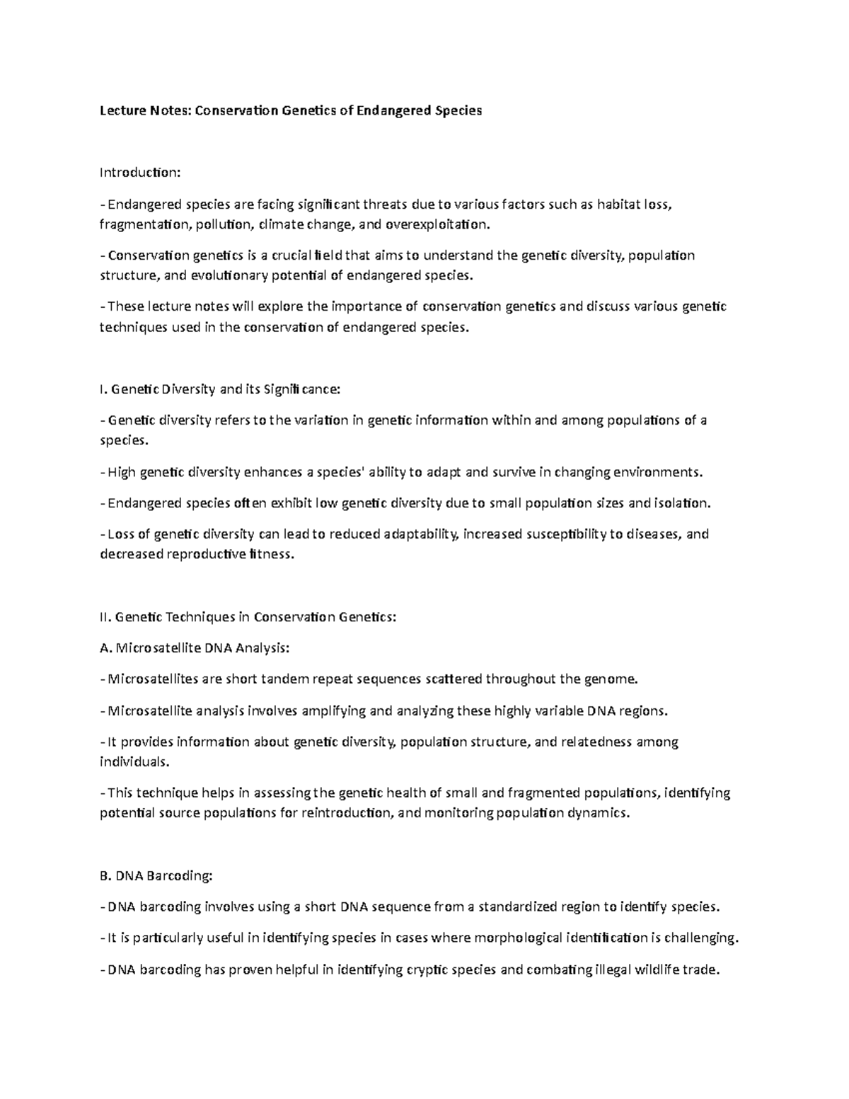 Conservation Genetics of Endangered Species - Lecture Notes ...