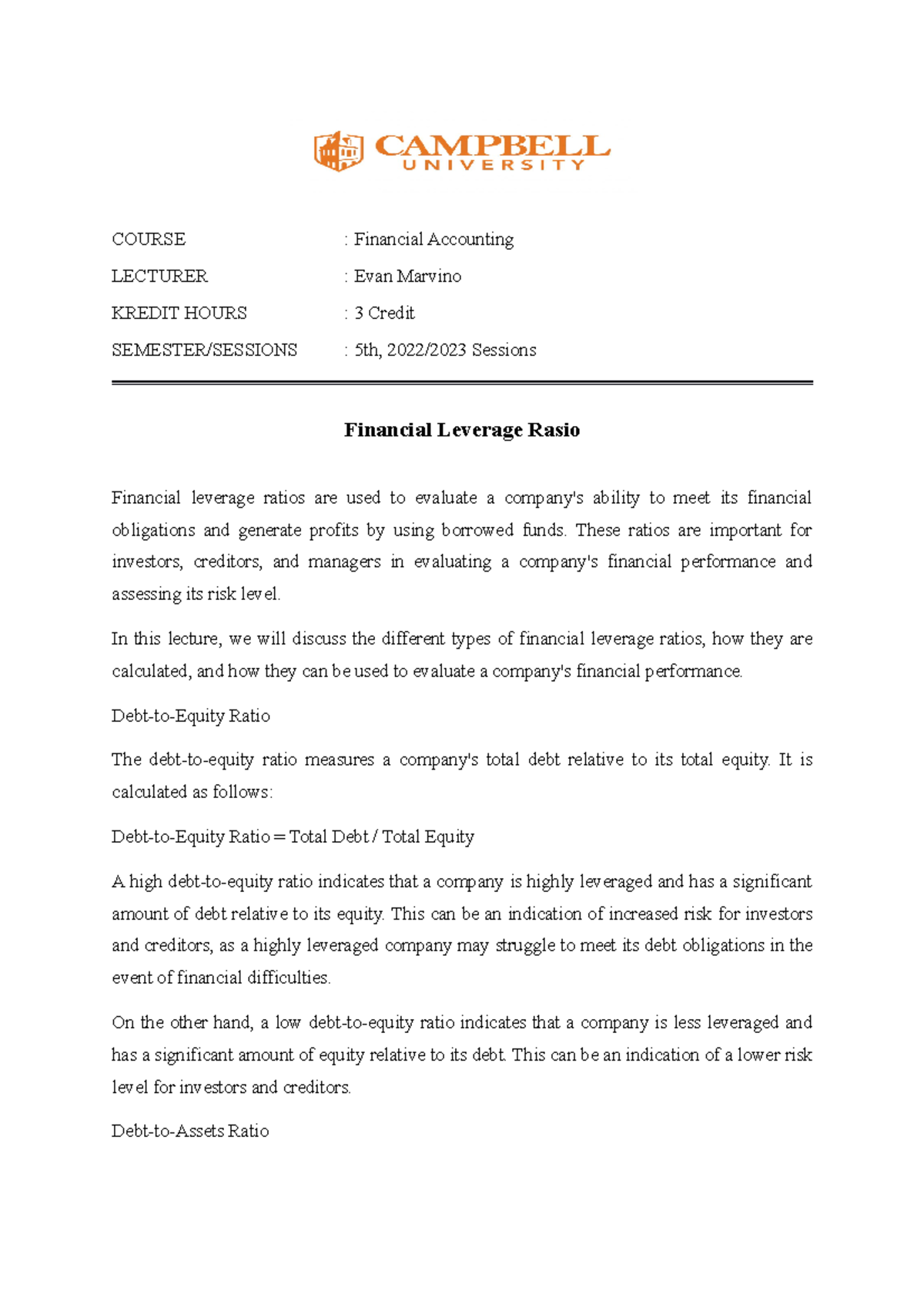 Lecture Notes Financial Leverage Ratio Financial Accounting - COURSE ...