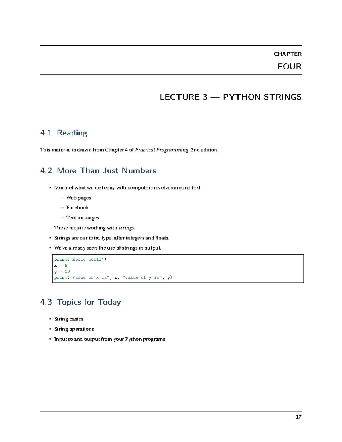 Computer Science Lecture 23 - CHAPTER FOUR LECTURE 3 — PYTHON STRINGS 4 ...