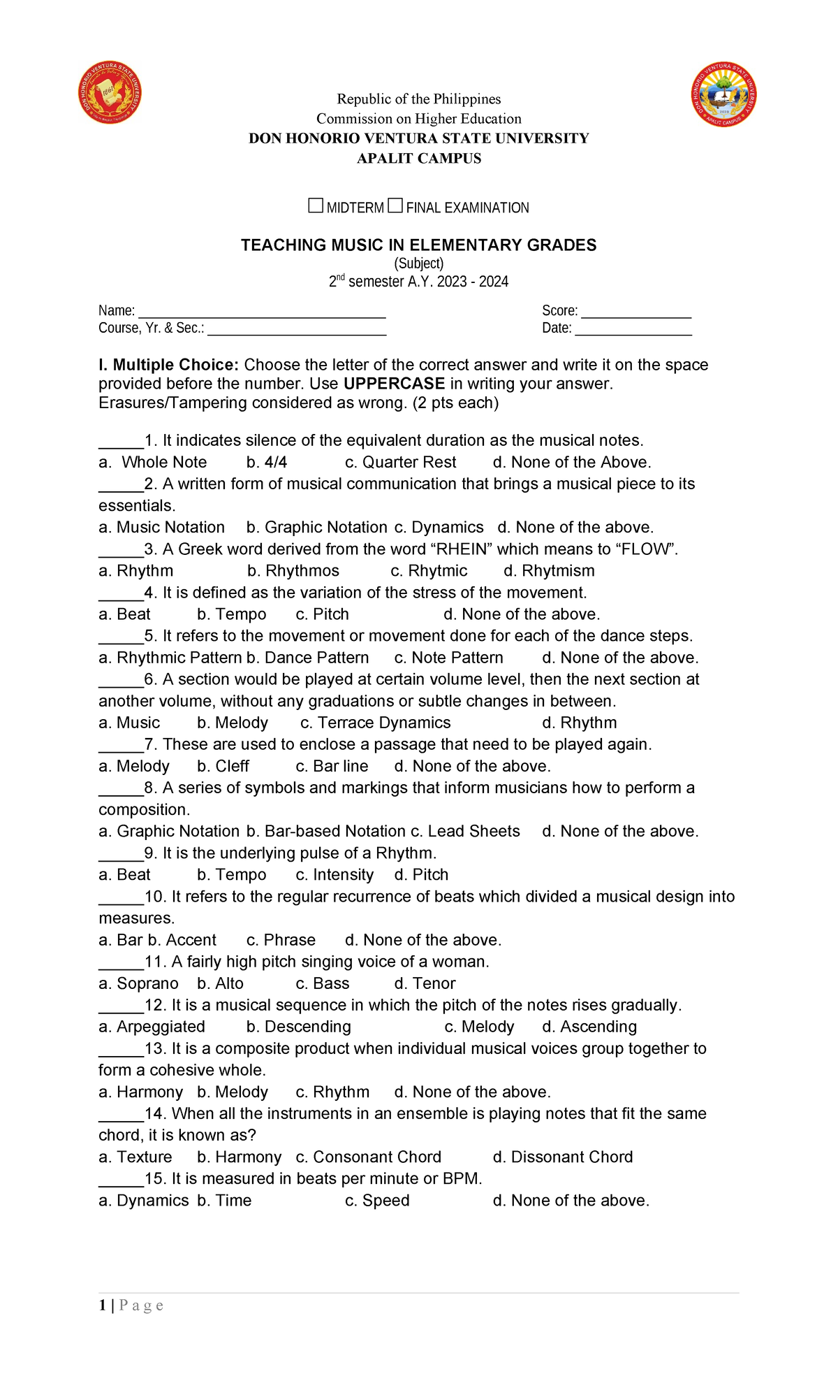 Midterm-Exam-in-Teaching music in Elem Grades - Republic of the ...