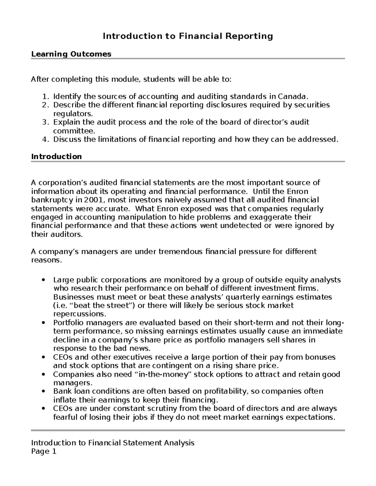 Readings - Introduction to Financial Statement Analysis - Introduction ...