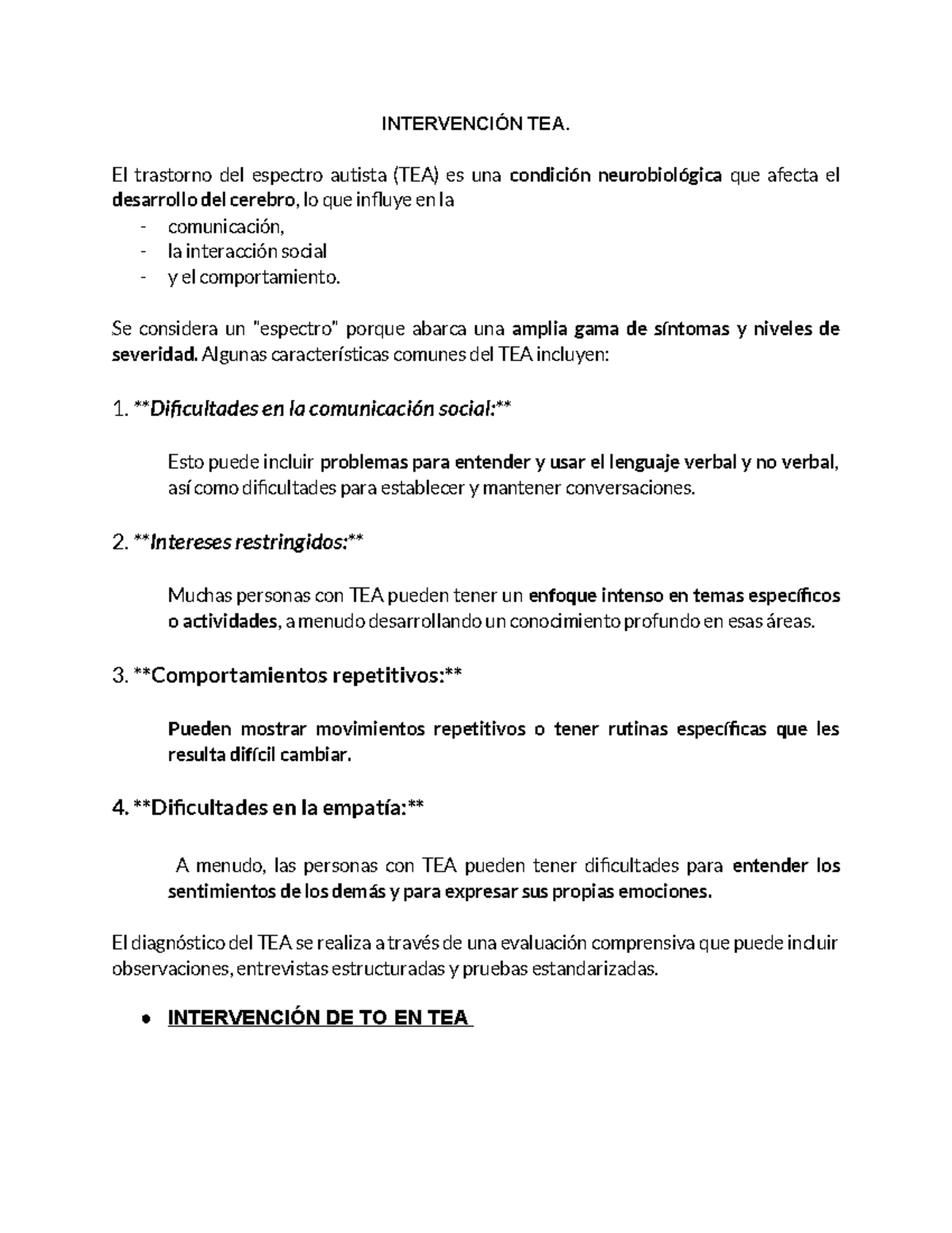 Intervención TO EN TEA - INTERVENCIÓN TEA. El trastorno del espectro ...