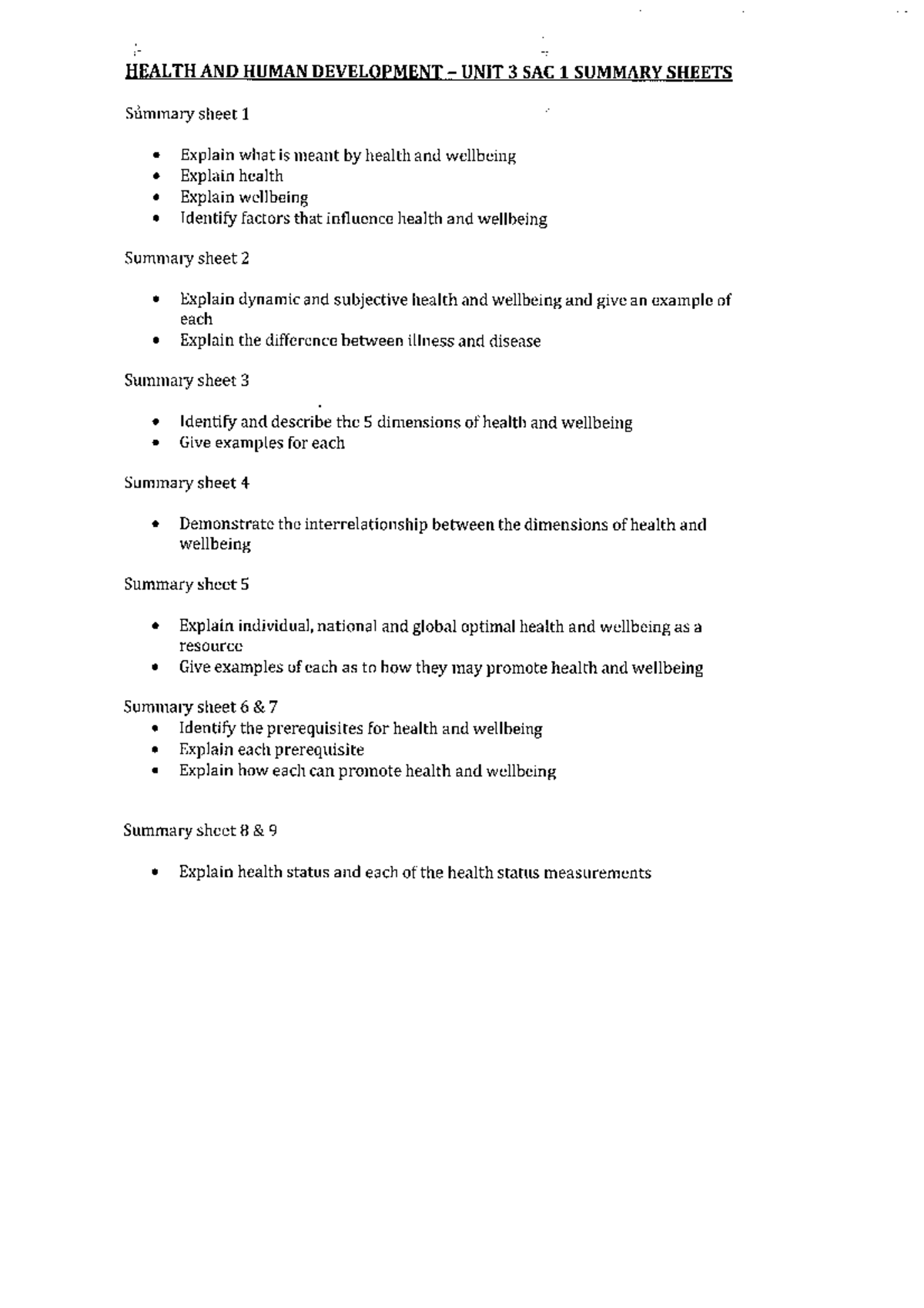 HHD Unit 3 SAC 1 summary sheets Studocu