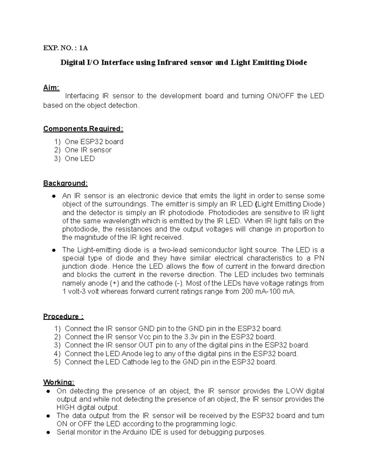 IOT LAB Manual EXP. NO. 1A Digital I/O Interface using Infrared