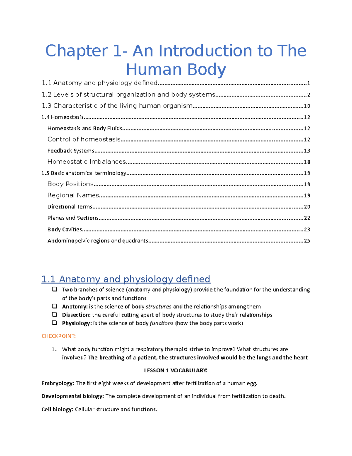 Chapter 1- Intro To The Human Body - Chapter 1- An Introduction To The ...