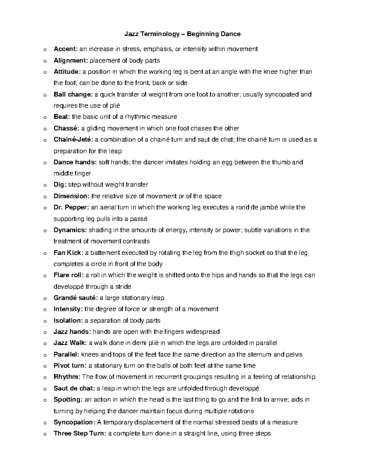 Beg Jazz Vocab nah Jazz Terminology Beginning Dance o Accent an