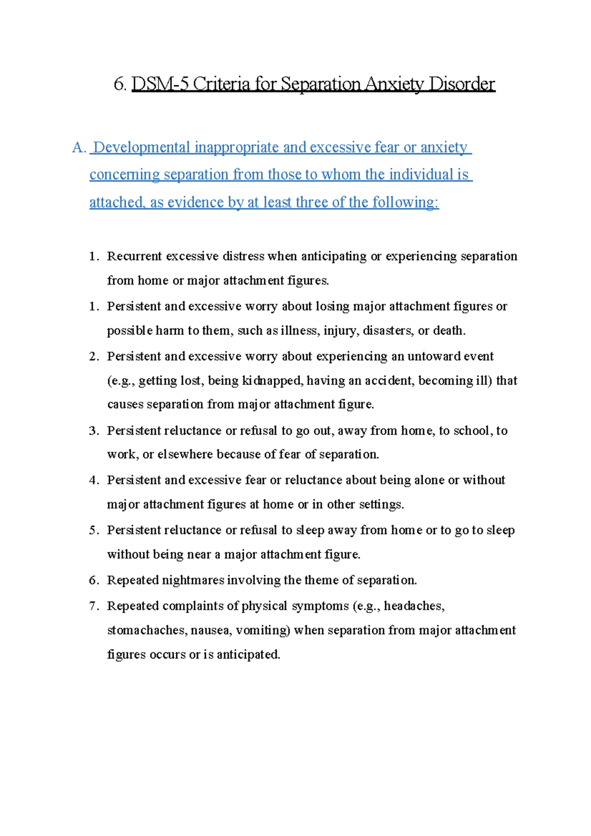 Chapter 5 DSM 5 Criteria For Separation Anxiety Disorder 6 DSM 5 