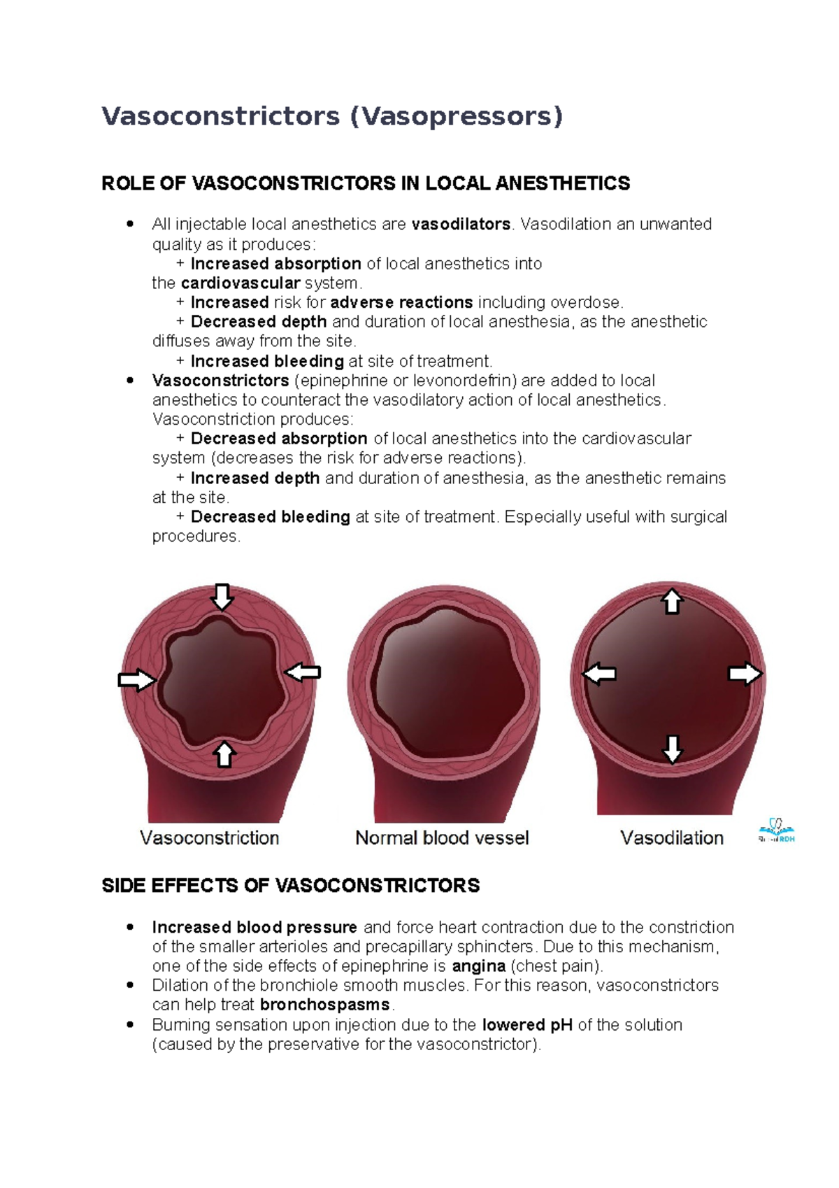 Vasoconstrictor Agents + MRD Vasoconstrictors (Vasopressors) ROLE OF