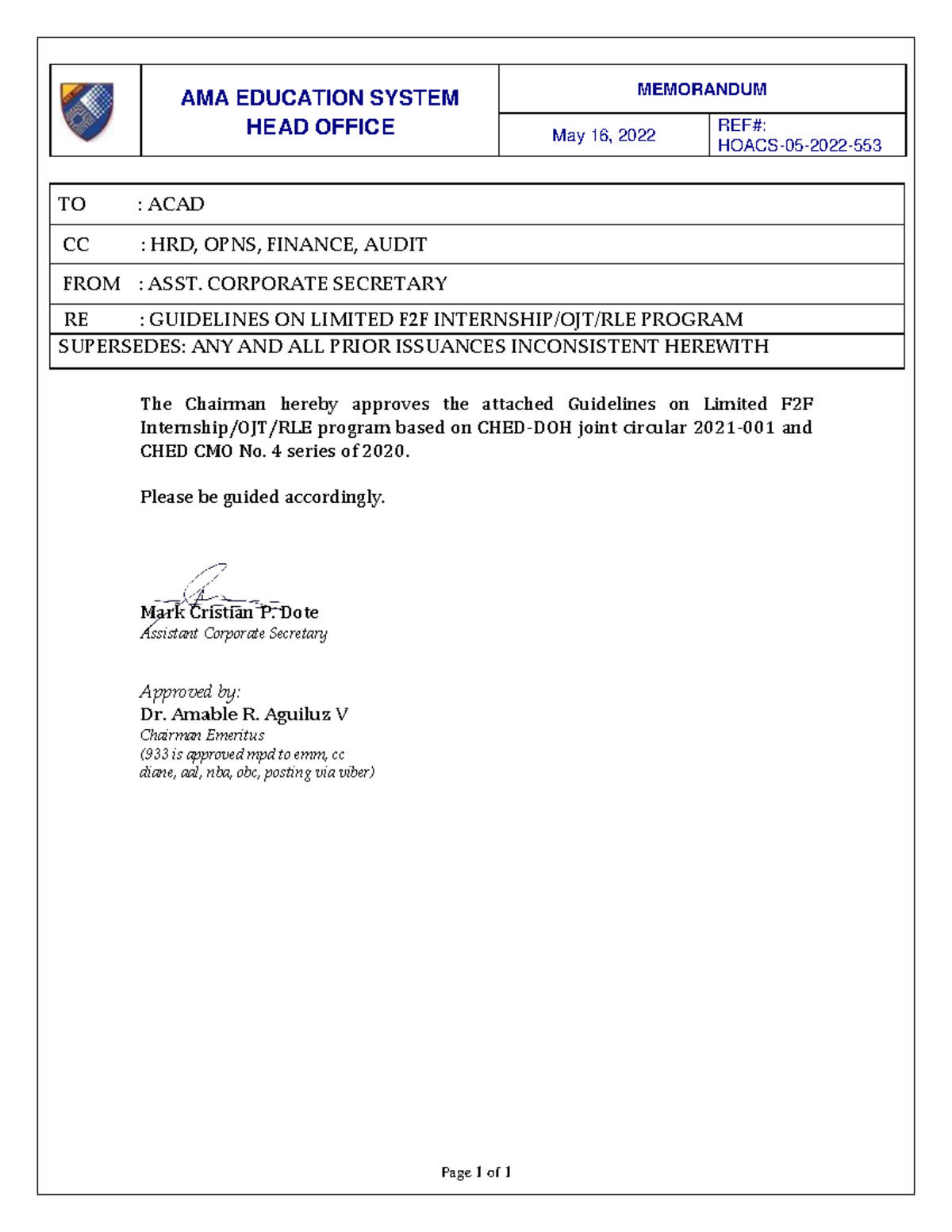 MEMO Guidelines on Limited F2F Internship,OJT, RLE Program-PDF - AMA ...