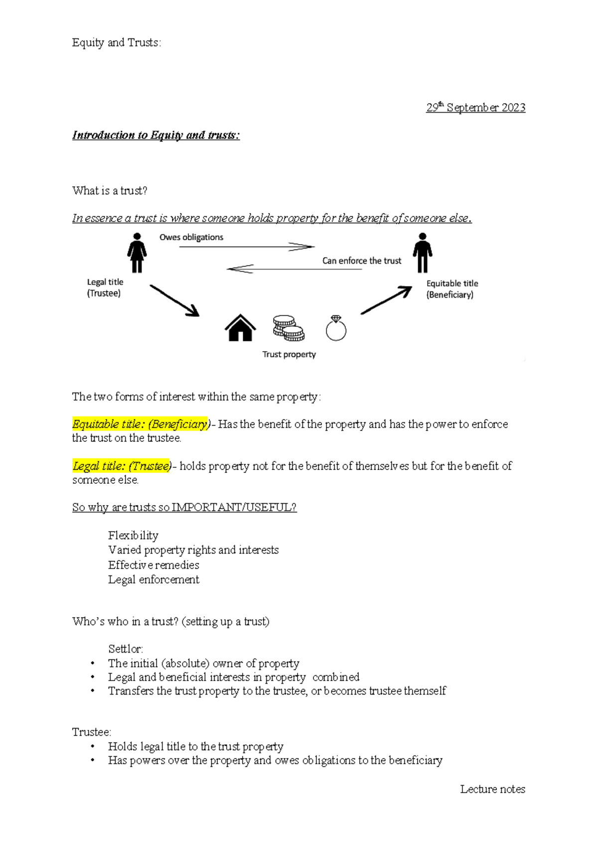 Equity and Trusts - Term 1 lecture notes - 29 th September 2023 ...