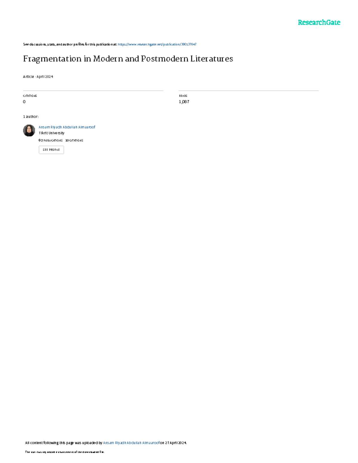 Fragmentationin Modernand Postmodern Literary Text AComparative ...