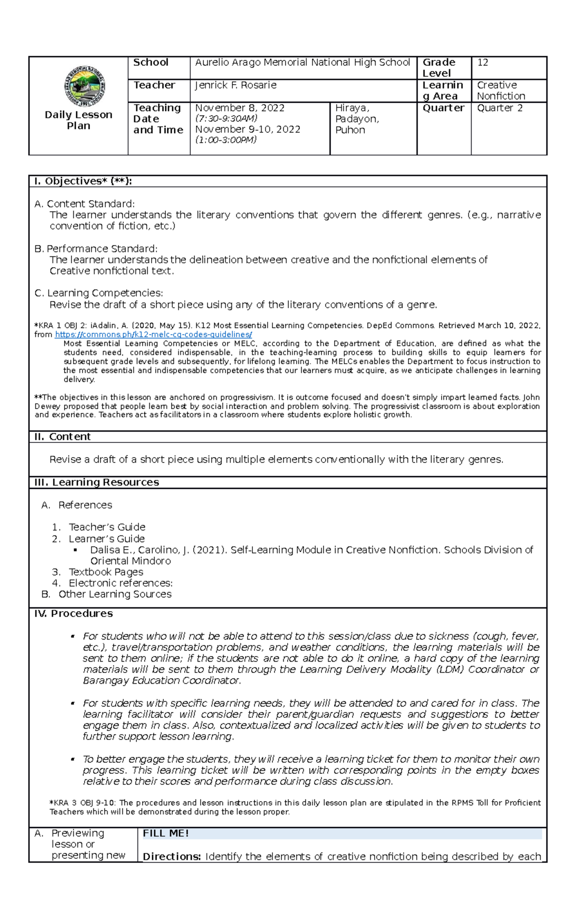 Lesson plan 7 - self learning modules - Daily Lesson Plan School ...