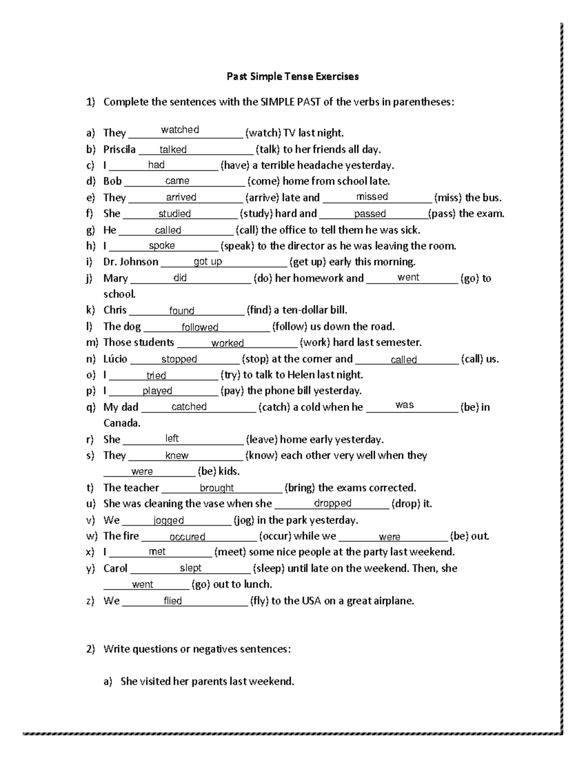 Past Simple Tense Exercises - Past Simple Tense Exercises Complete the ...