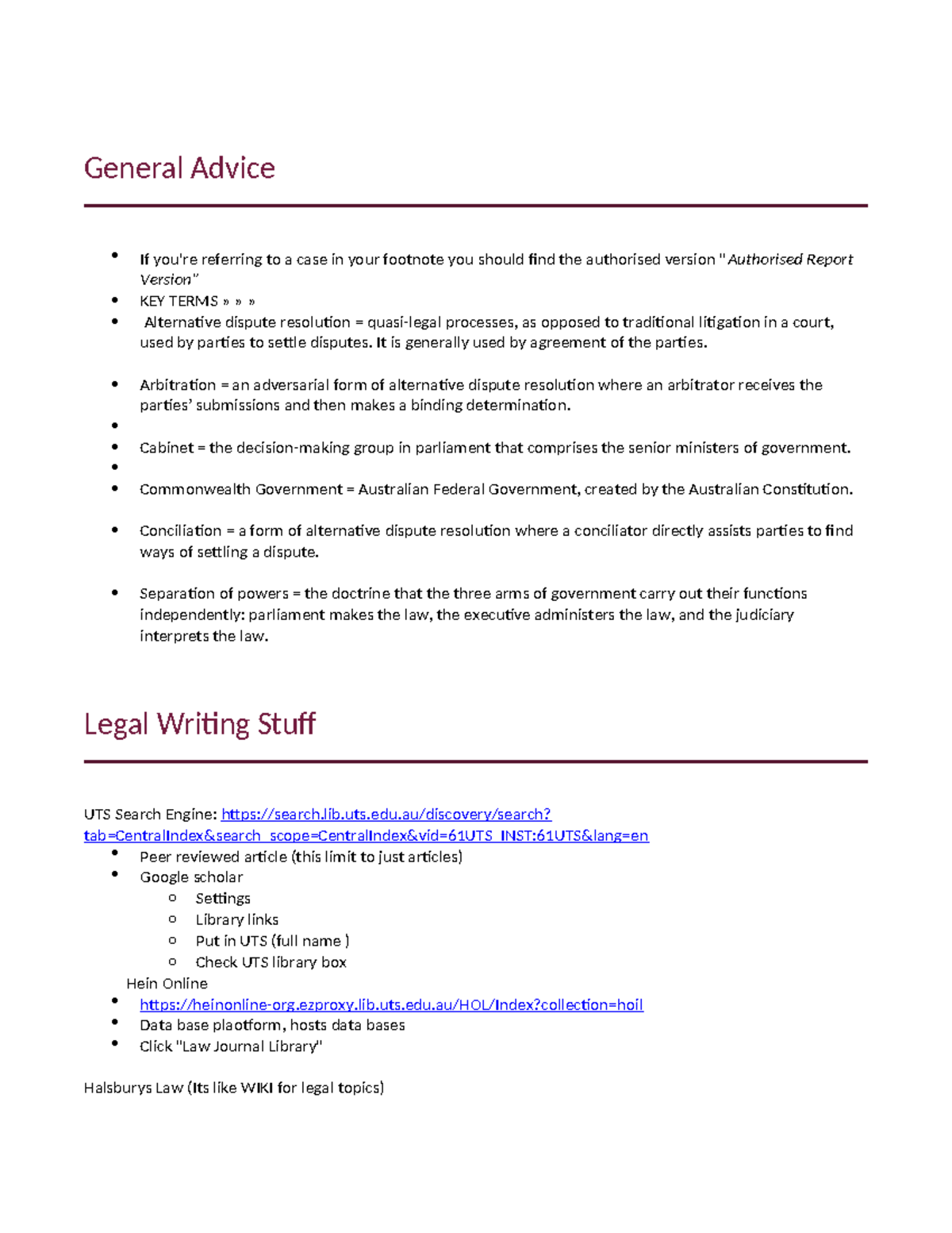 Foundations of Law Important Stuff/Notes - General Advice If you're ...