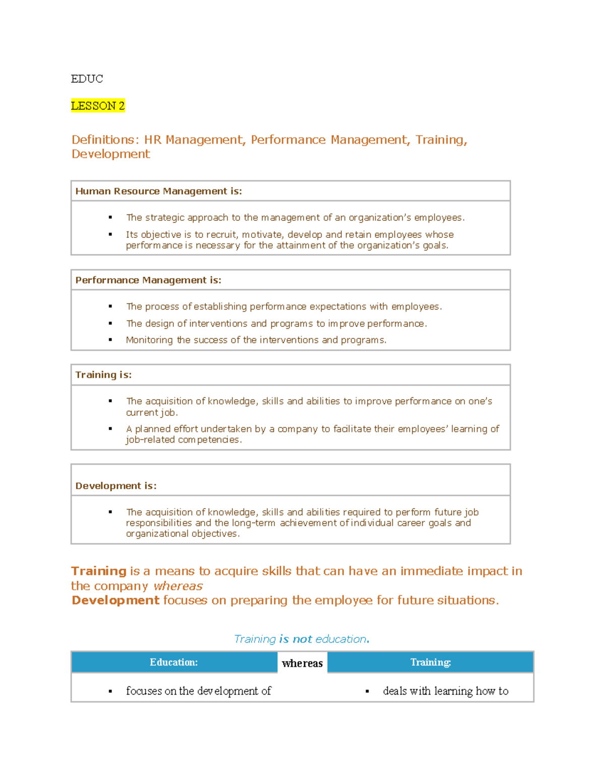 EDUC - Notes - EDUC LESSON 2 Definitions: HR Management, Performance ...