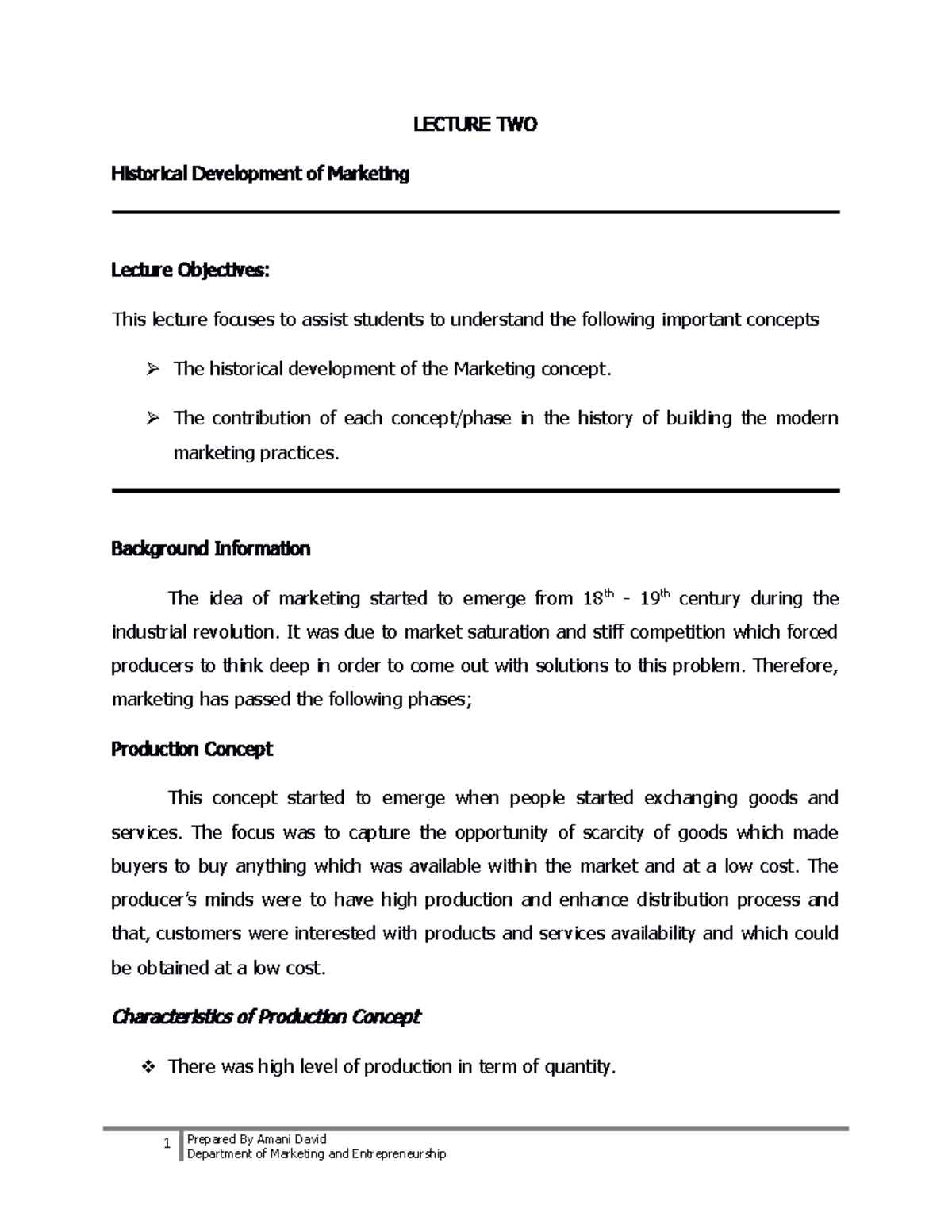 EMM111 Lecture 2 - Marketing notes - LECTURE TWO Historical Development ...