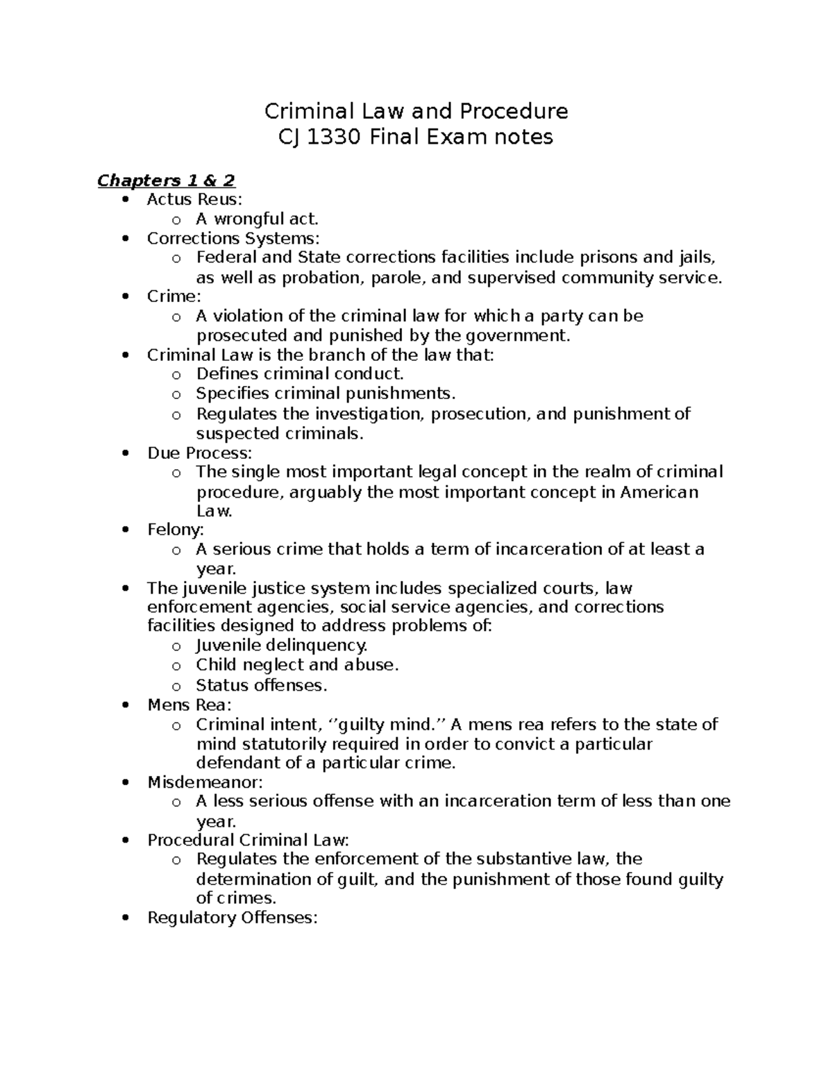 CJ 1330 Final Exam Notes - Criminal Law and Procedure CJ 1330 Final ...