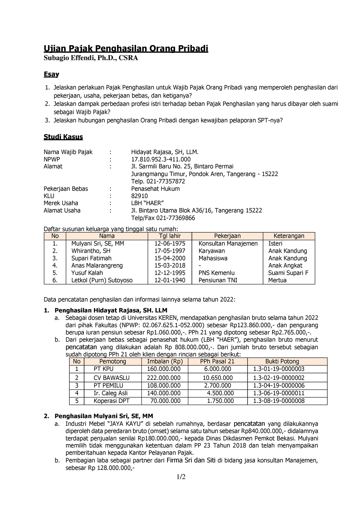 Soal Ujian PPh OP Subagio - 1/ Ujian Pajak Penghasilan Orang Pribadi ...