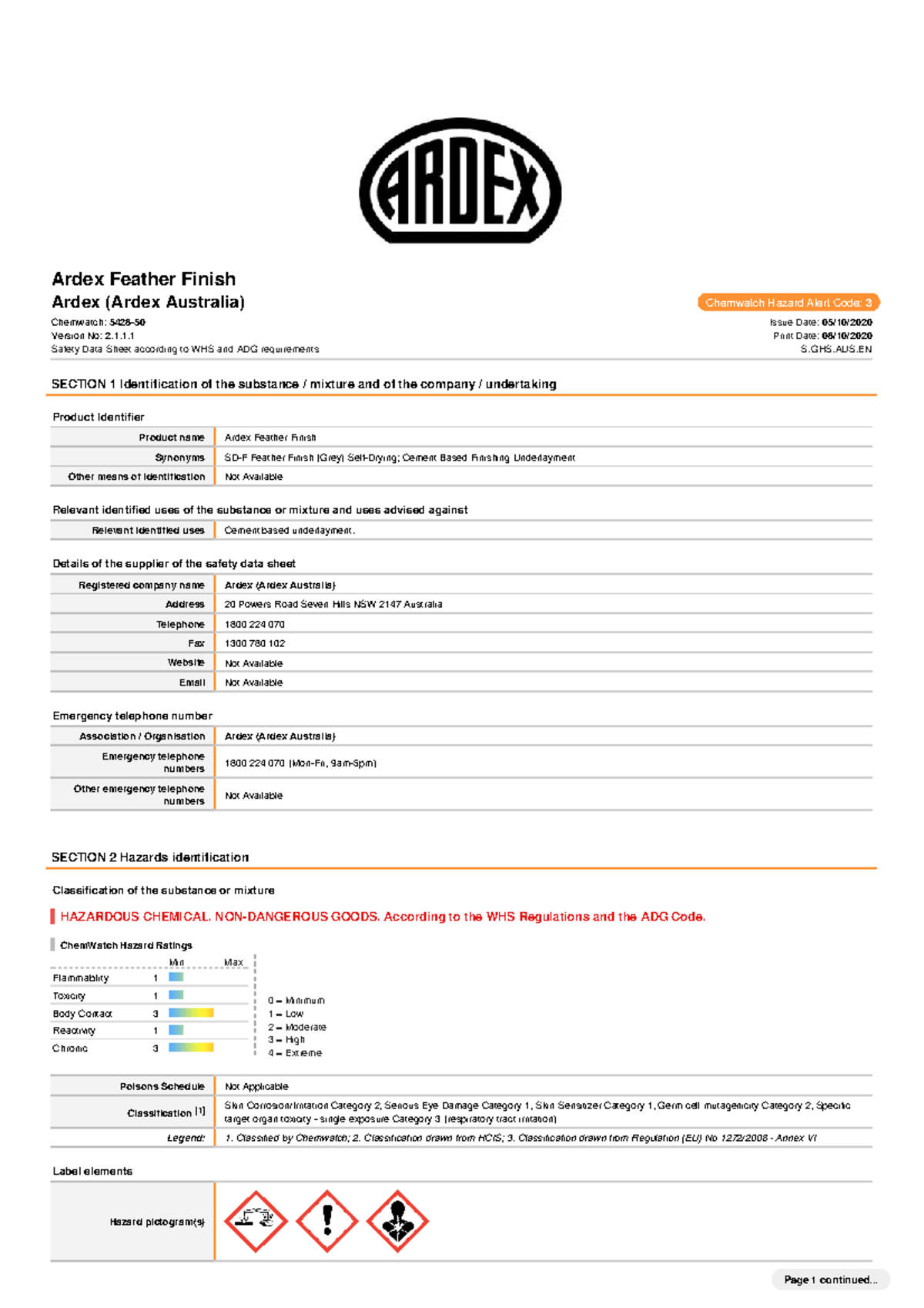 Ardex Feather Finish - MSDS - Ardex (Ardex Australia) Chemwatch Hazard ...