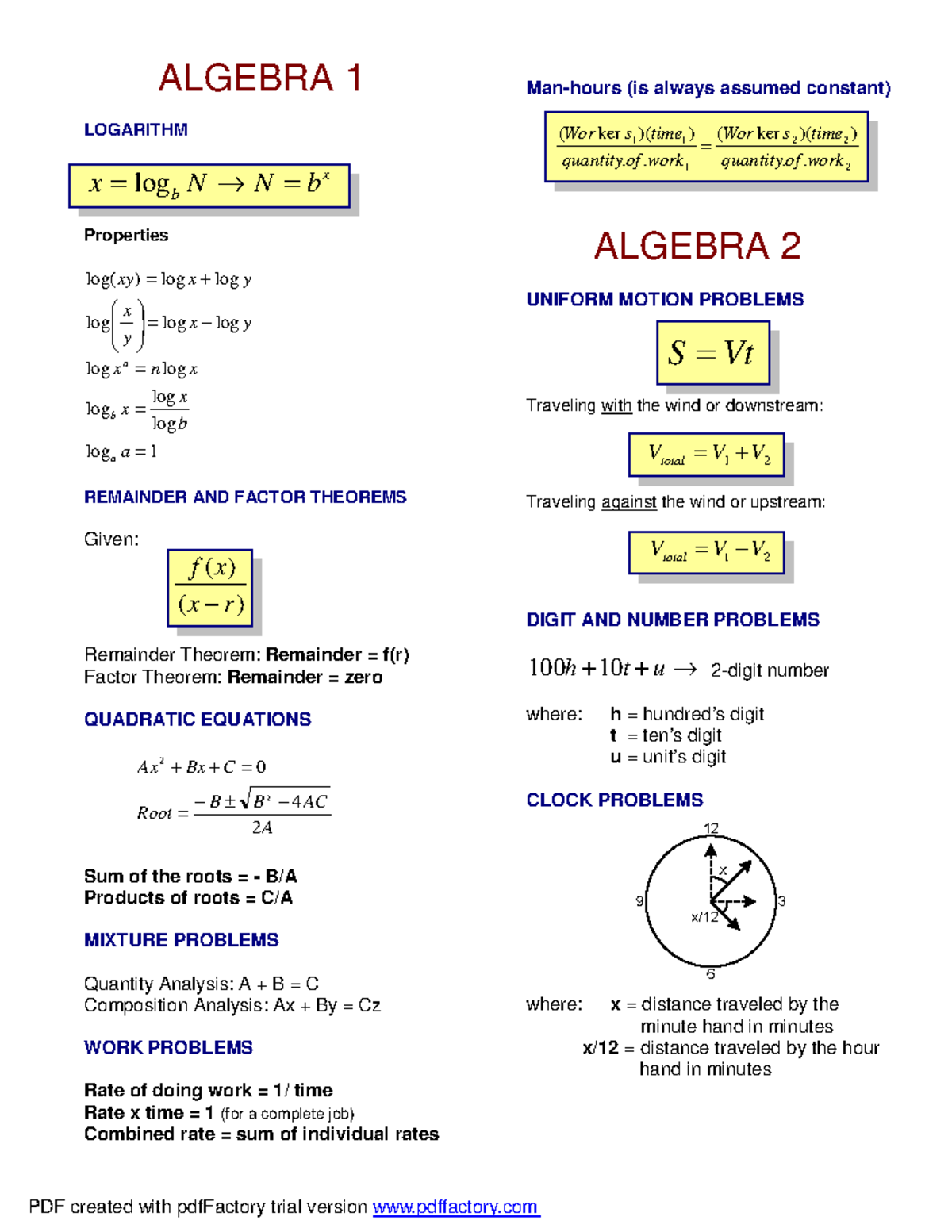 MATH Formulas - ALGEBRA 1 LOGARITHM x b log =→= bNNx Properties 1log ...