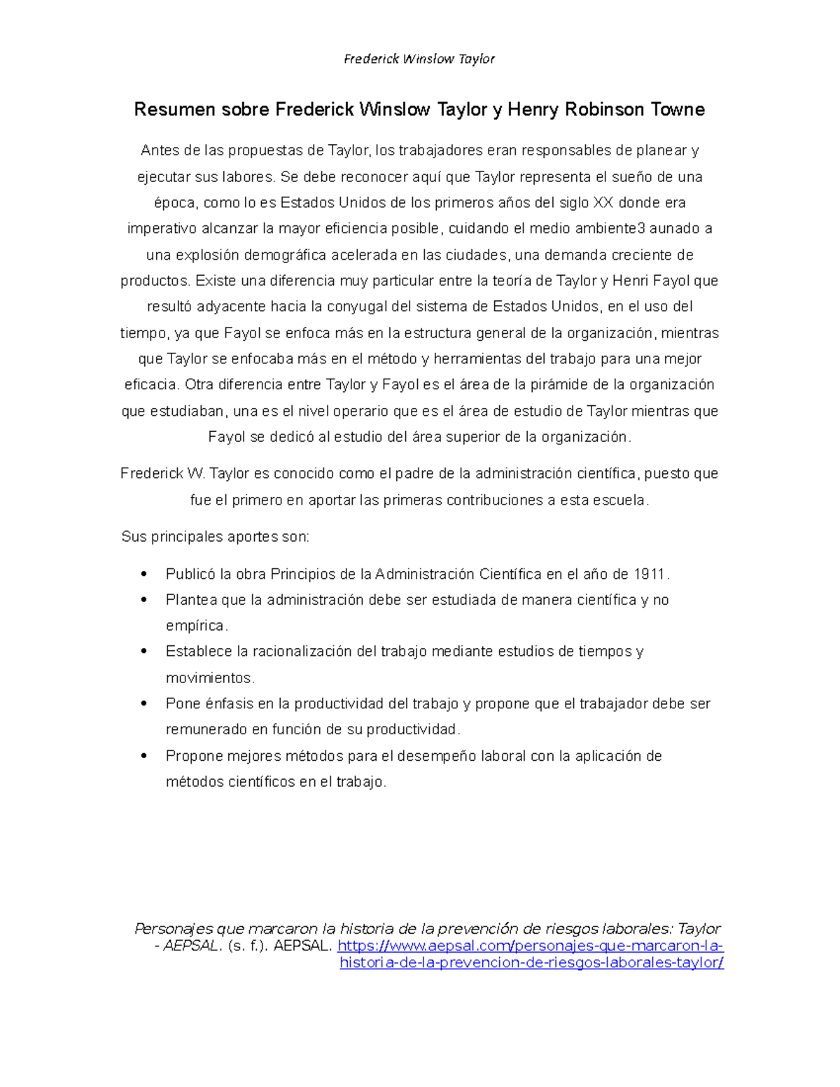 Resumen sobre Frederick Winslow Taylor y Henry Robinson Towne - Se debe ...