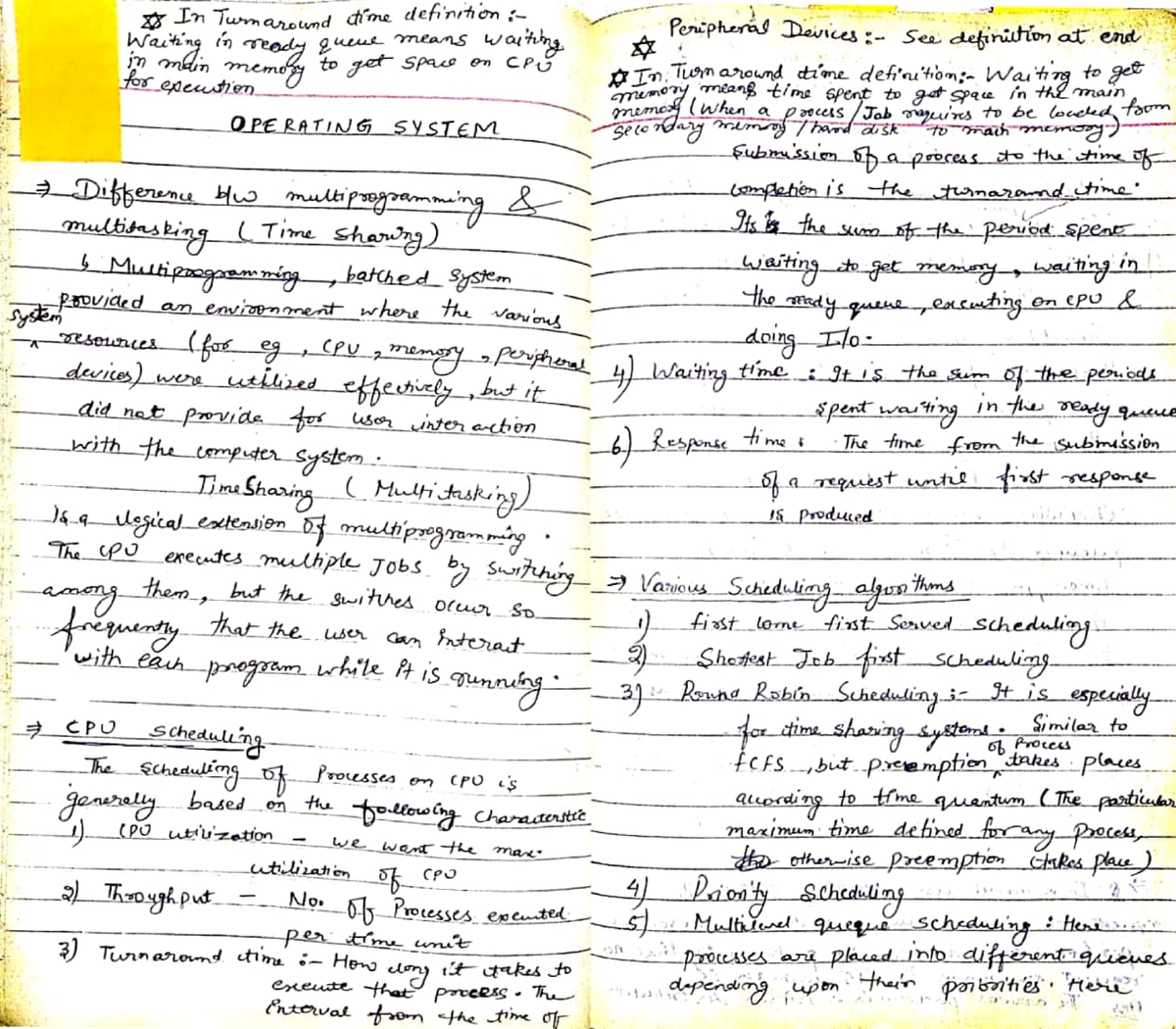 Handwritten faculty os notes - In Turnaround time Waiting in ready ...