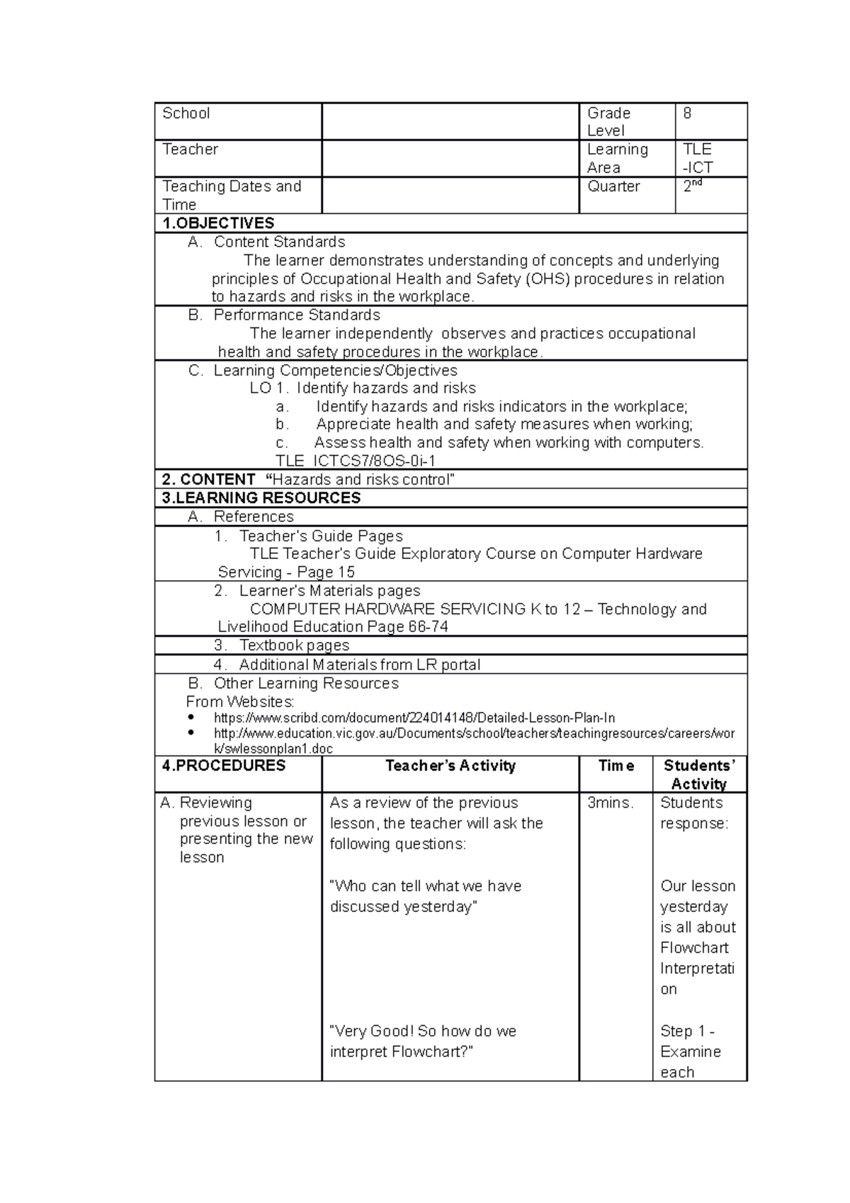 Lesson 7 DLP Grade 8 TLE-ICT ( Identify Hazards AND Risks) - School ...