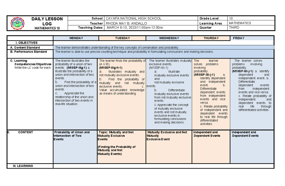 M10Q3W4 - learning plan - DAILY LESSON LOG MATHEMATICS 10 School CAYAPA ...