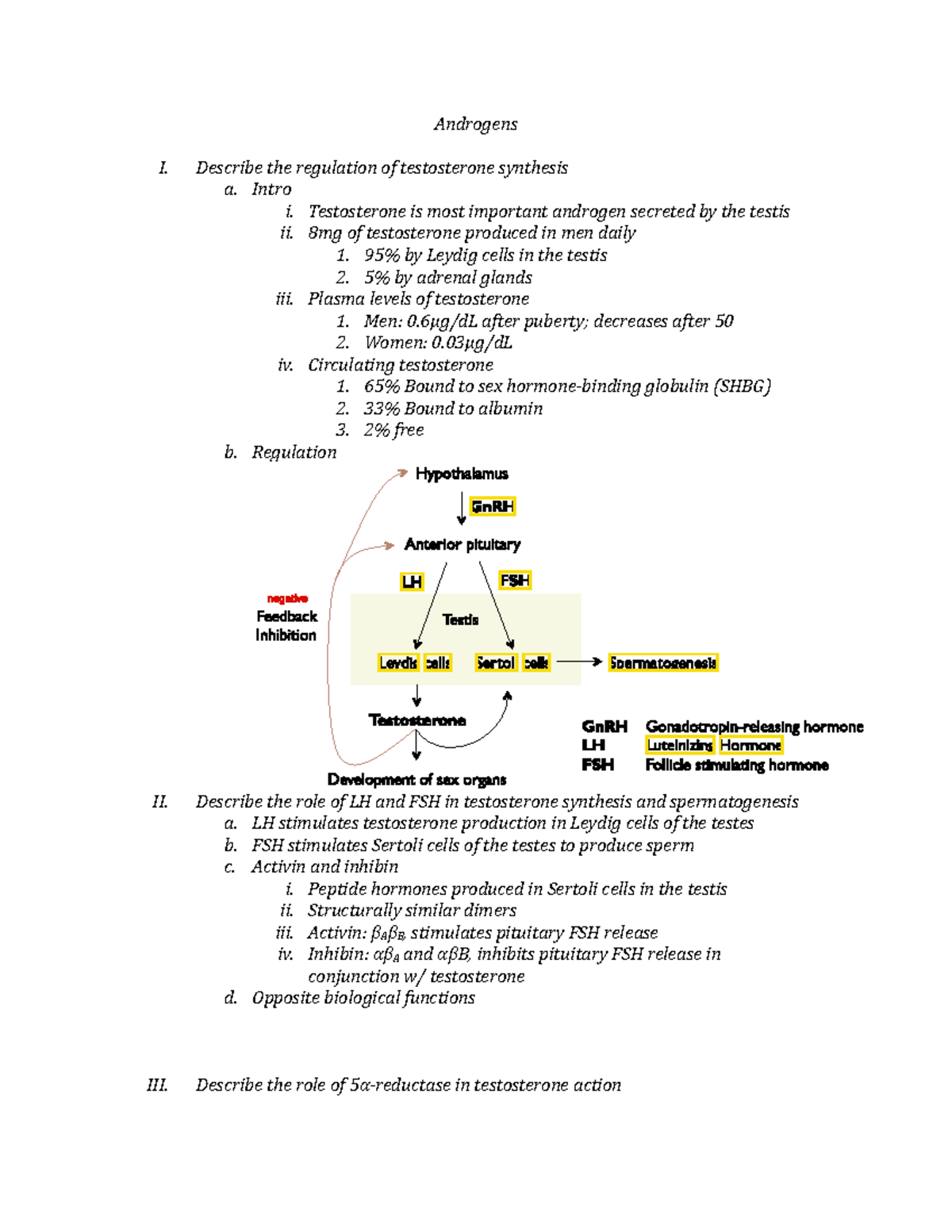 Androgens - Learning Objectives - Androgens I. Describe the regulation ...