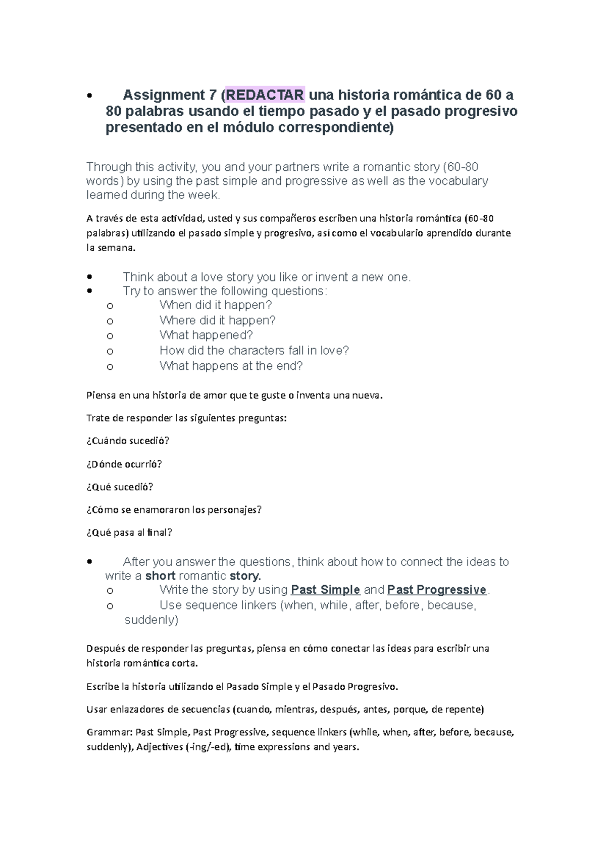 Ingles borrador Assignment 7 (REDACTAR una historia romántica de 60 a