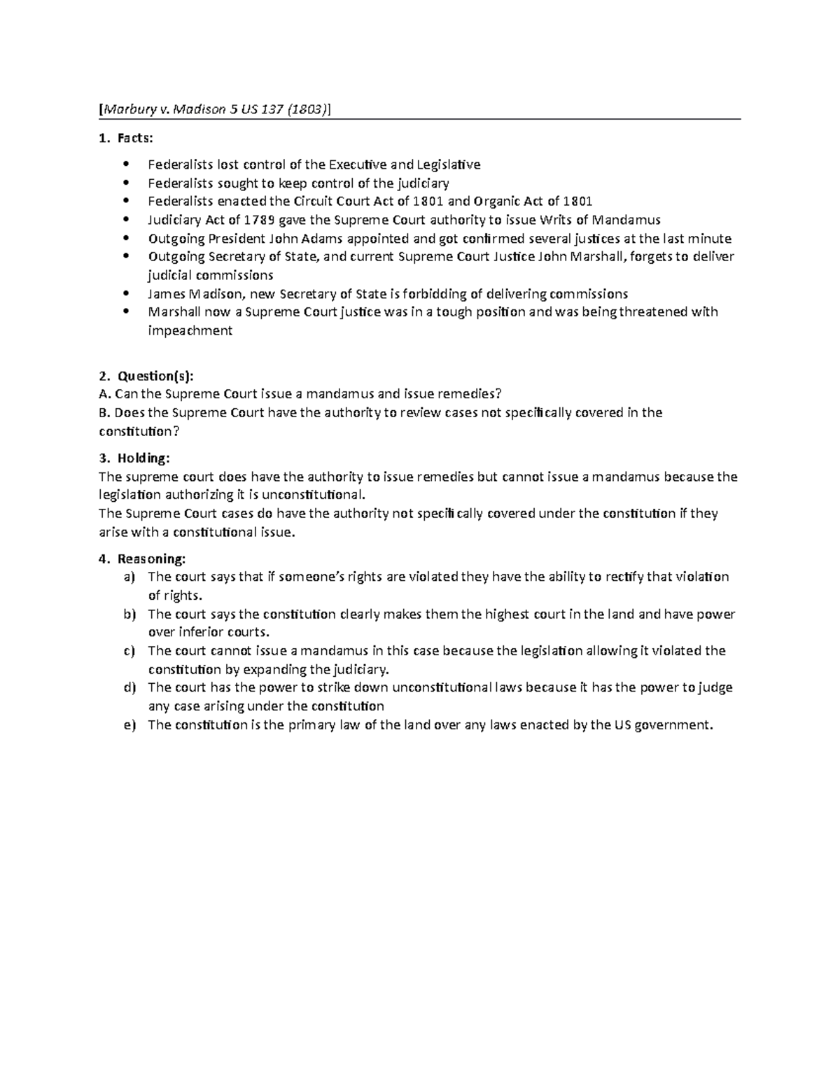 Running Case Brief Notes - [ Marbury v. Madison 5 US 137 (1803) ] 1 ...