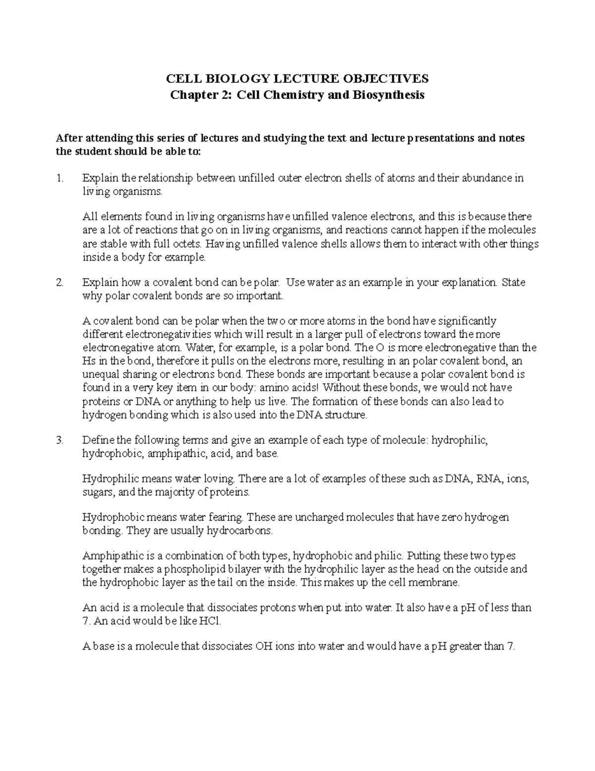 Cell Bio [Chapter 2 Objectives] CELL BIOLOGY LECTURE OBJECTIVES