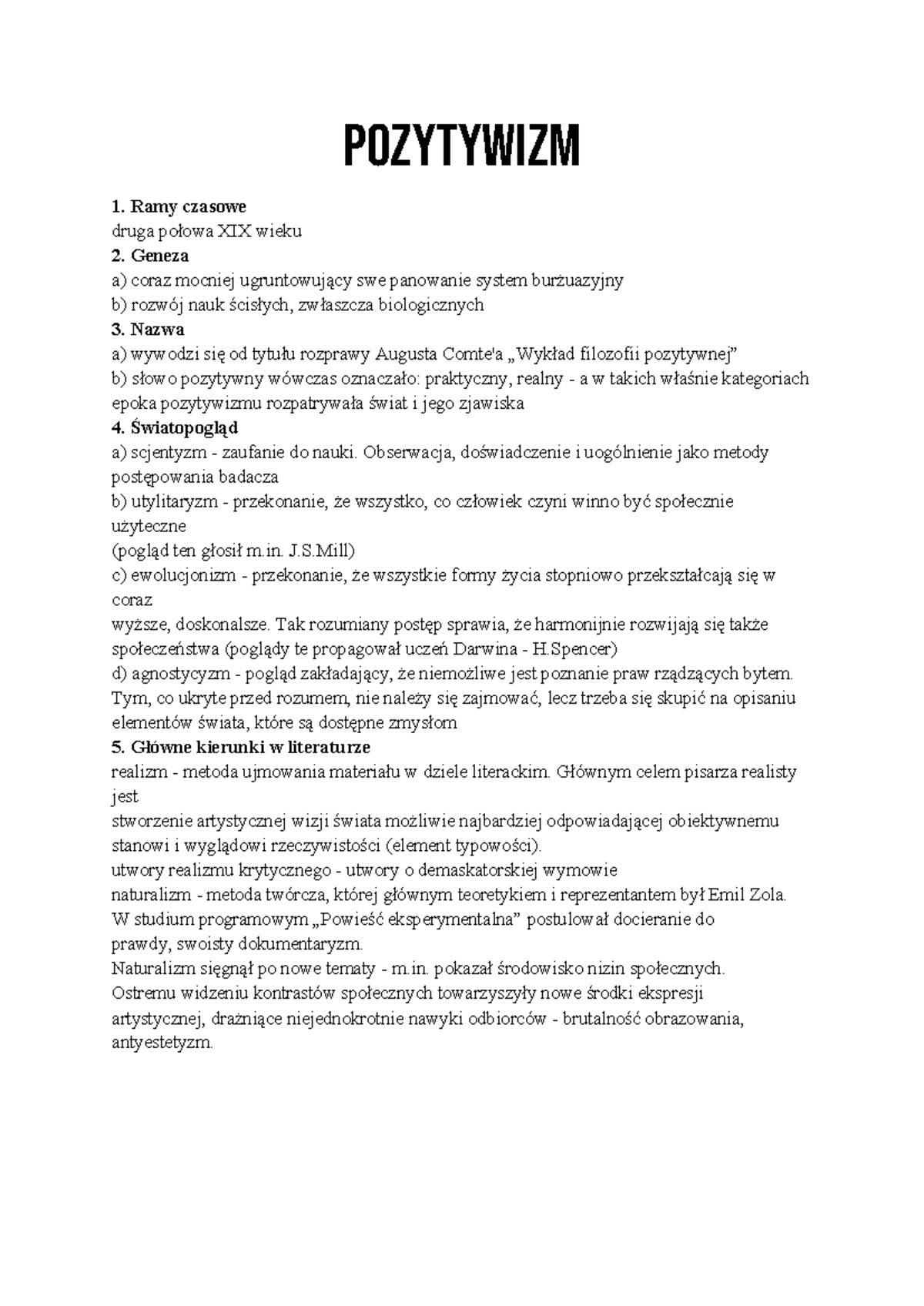 Pozytywizm notatka - POZYTYWIZM 1. Ramy czasowe druga połowa XIX wieku