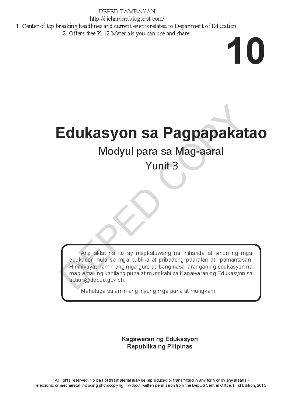 Es P10 LM U3 - Edukasyon sa Pagpapakatao - DEPED COPY 1 Edukasyon sa ...