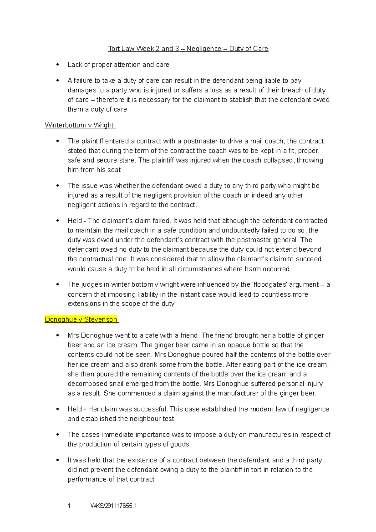 Tort law - Duty of care - Tort Law Week 2 and 3 – Negligence – Duty of ...