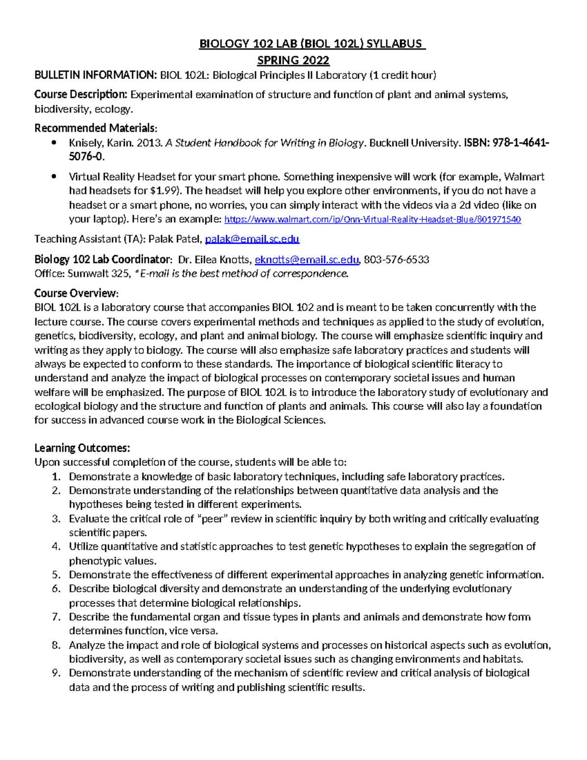 BIOL 102 Lab Syllabus Spring 2022 Wed(1) - BIOLOGY 102 LAB (BIOL 102L ...