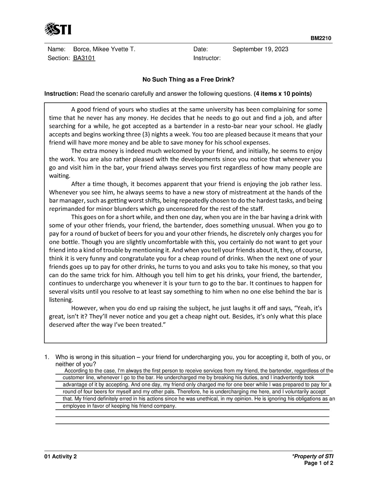 01 Activity 2 - NIce - BM 01 Activity 2 *Property Of STI Page 1 Of 2 ...