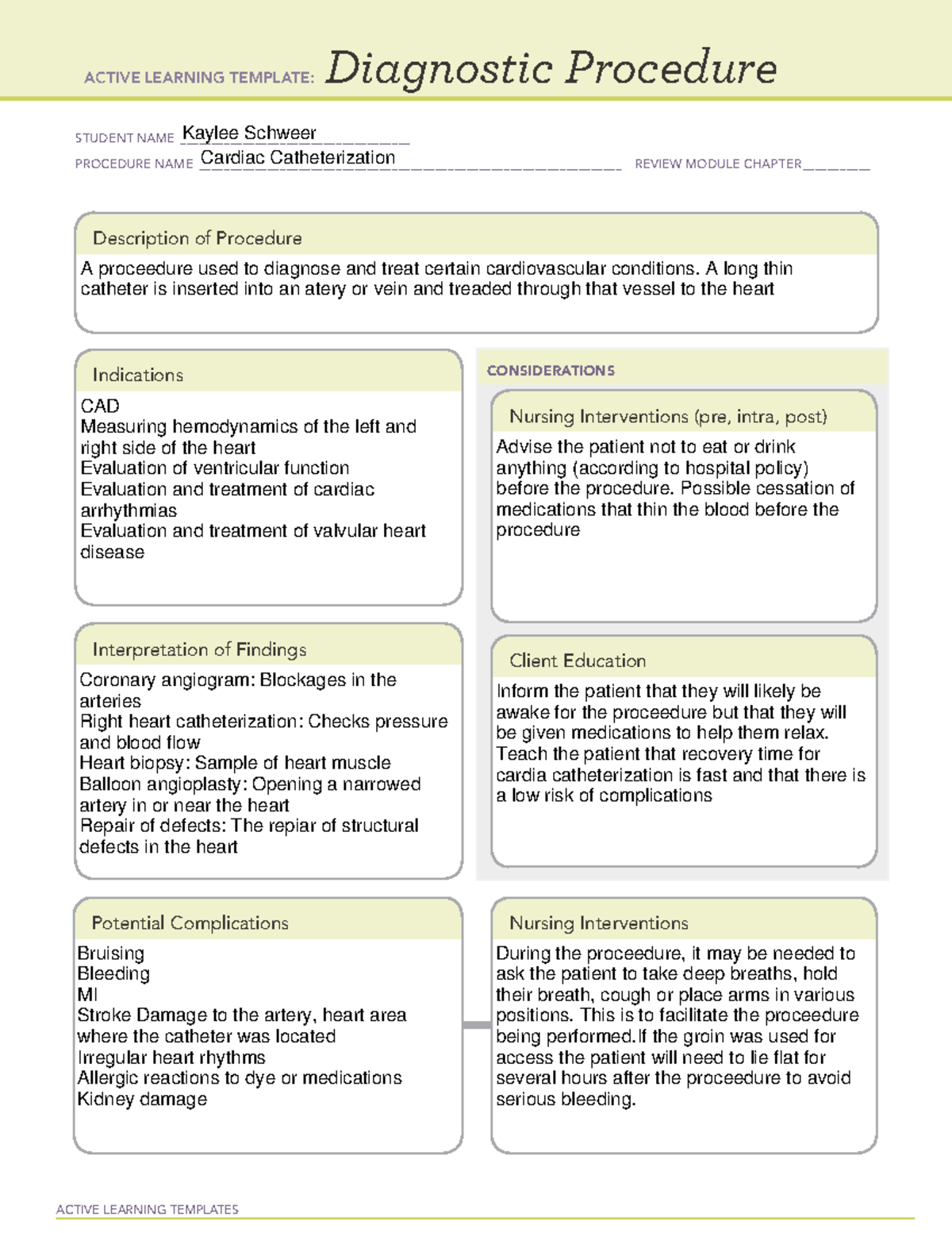 Dianostic Procedure-cardiac cath - ACTIVE LEARNING TEMPLATES Diagnostic ...