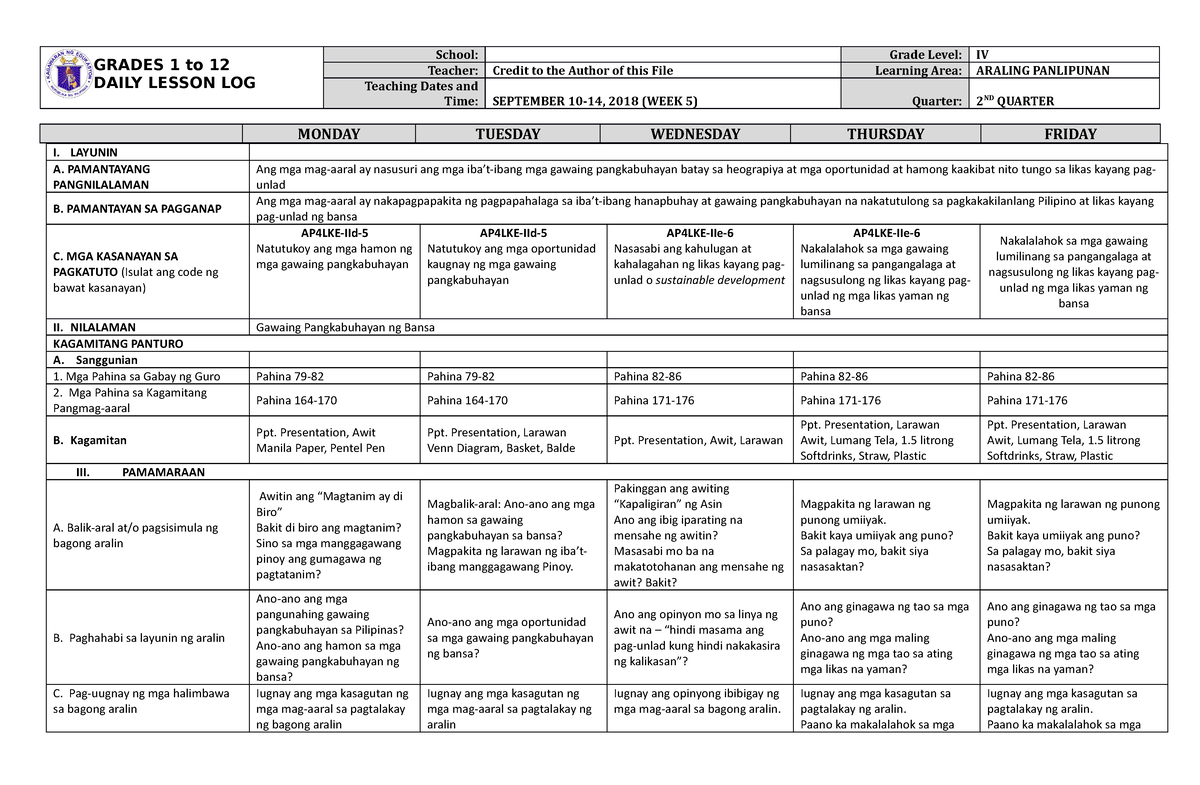 Dll Araling Panlipunan 4 Q2 W5 Grades 1 To 12 Daily Lesson Log School Grade Level Iv Teacher 6706