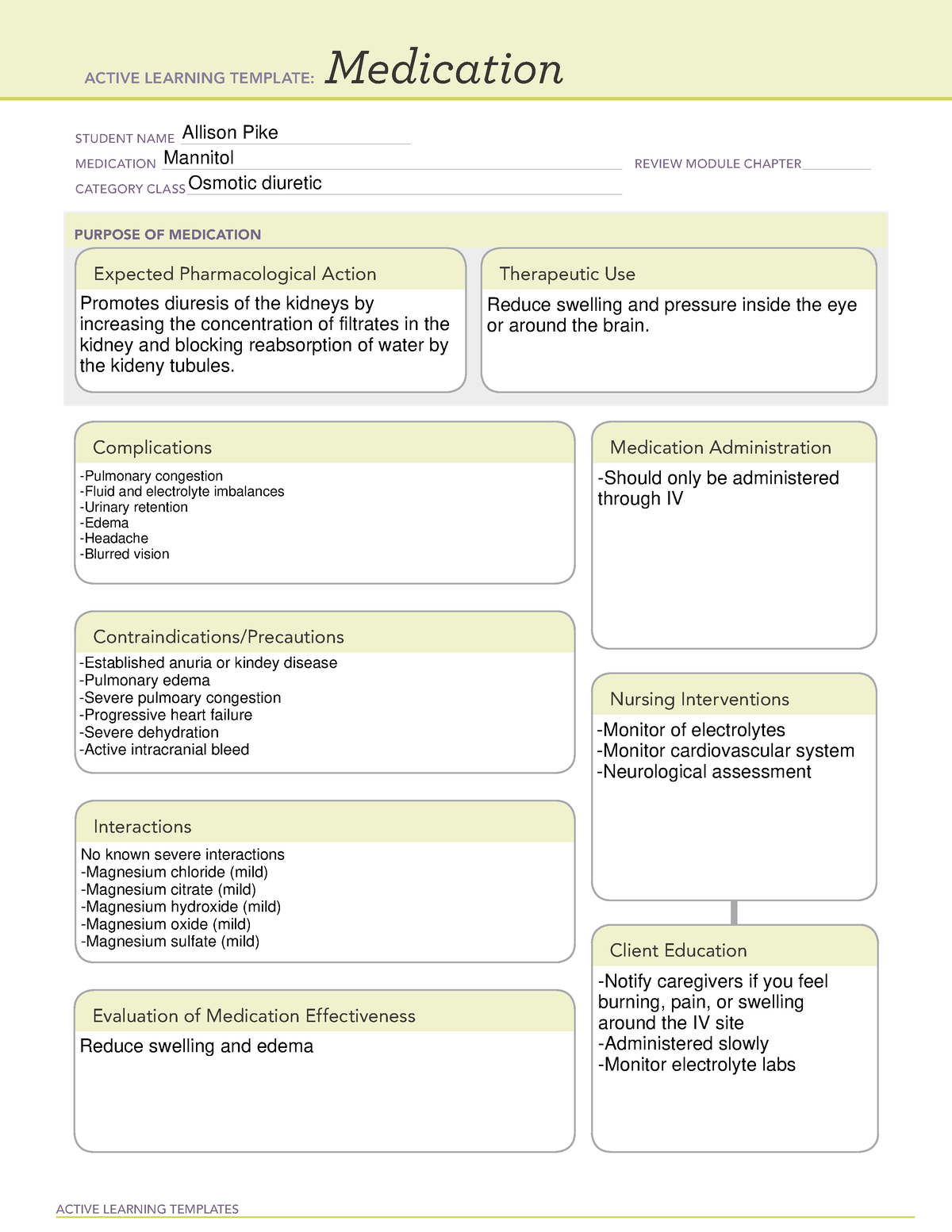 Mannitol ATI med card ACTIVE LEARNING TEMPLATES Medication STUDENT