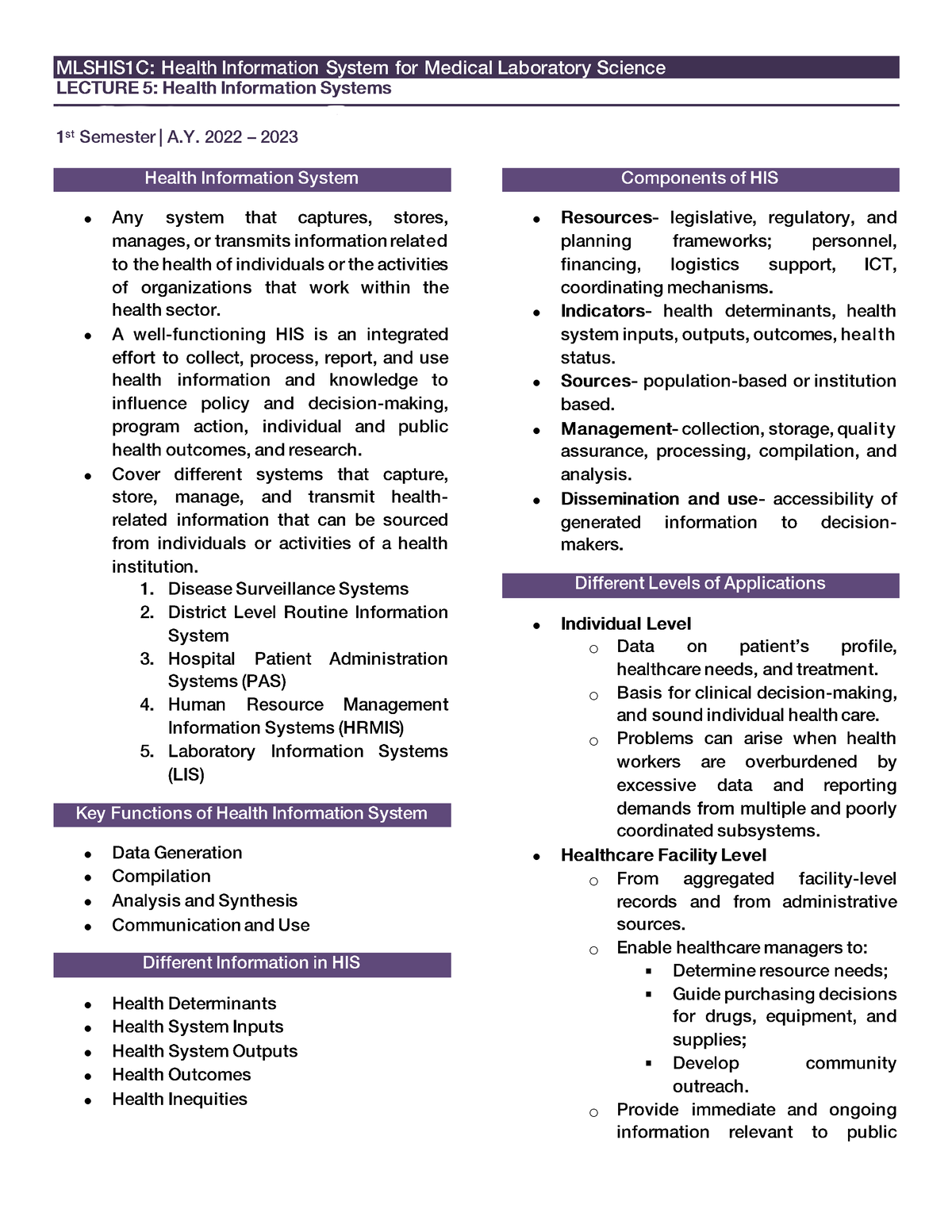 Mlshis 1C-Lecture-5 - Health Information System - BS Medical Technology ...