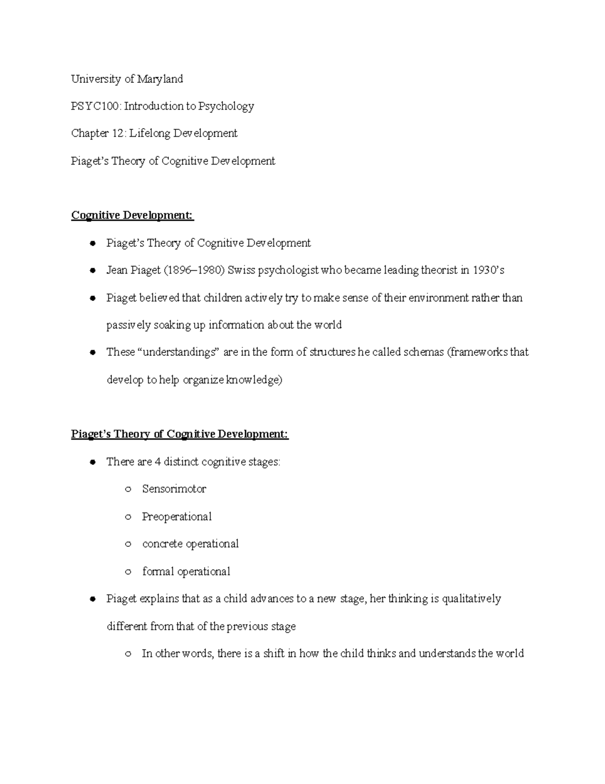 Copy of PSYC100 Chapter 12 Piaget’s Theory of Cognitive Development ...
