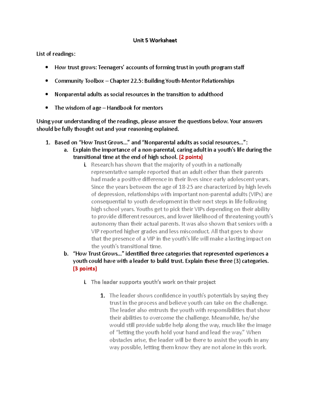 Unit 5 Worksheet Adolescent Diversion Program; forming trust