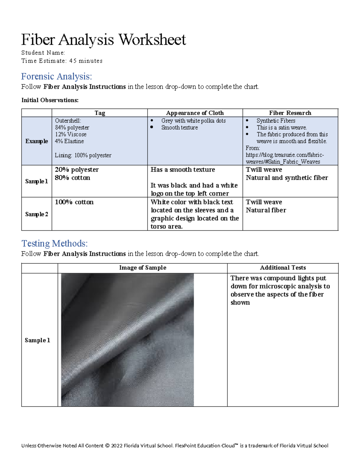 Fiber evidence worksheet Fiber Analysis Worksheet Student Name Time Estimate 45 minutes