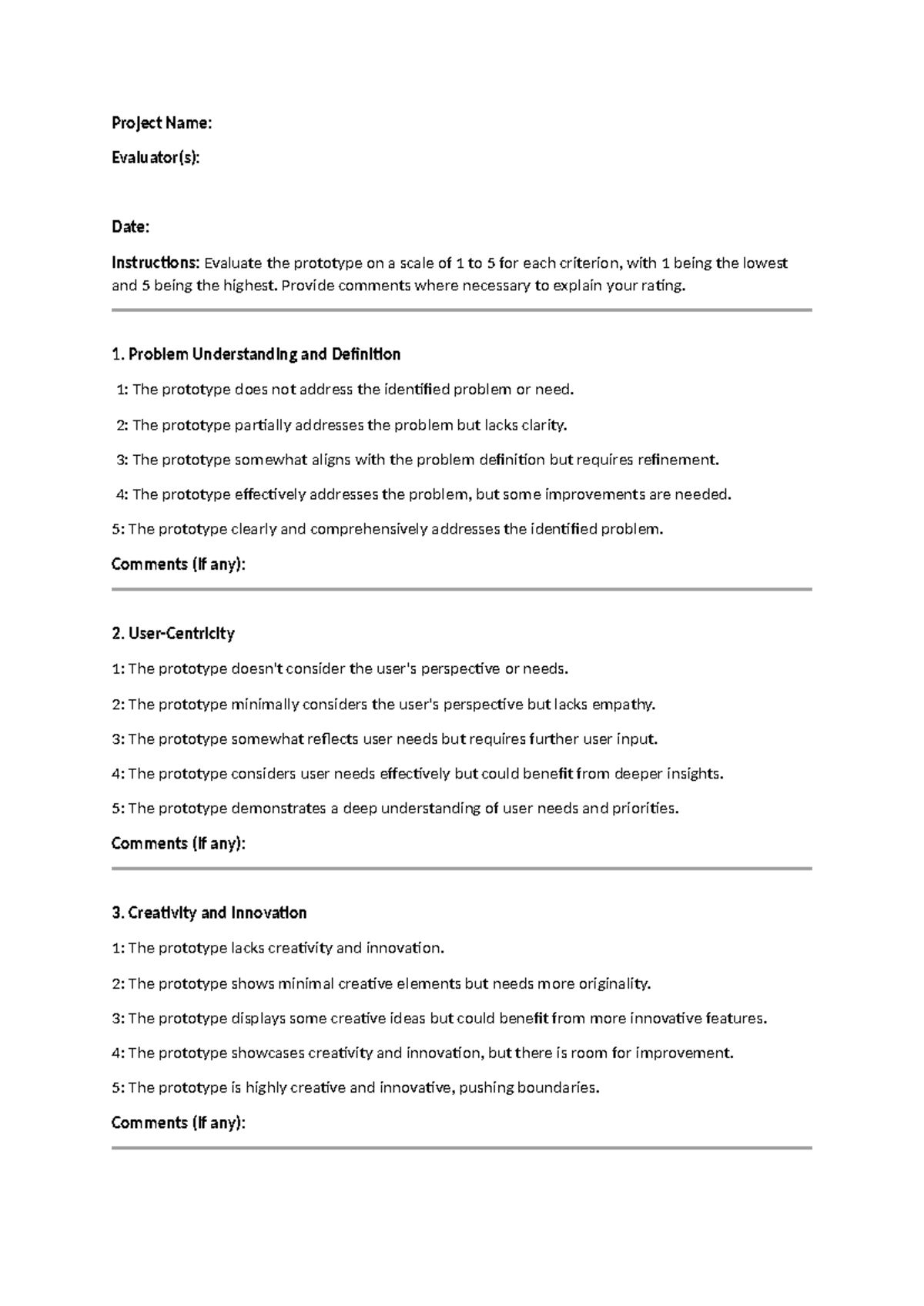 Project feedback form - Project Name: Evaluator(s): Date: Instructions ...