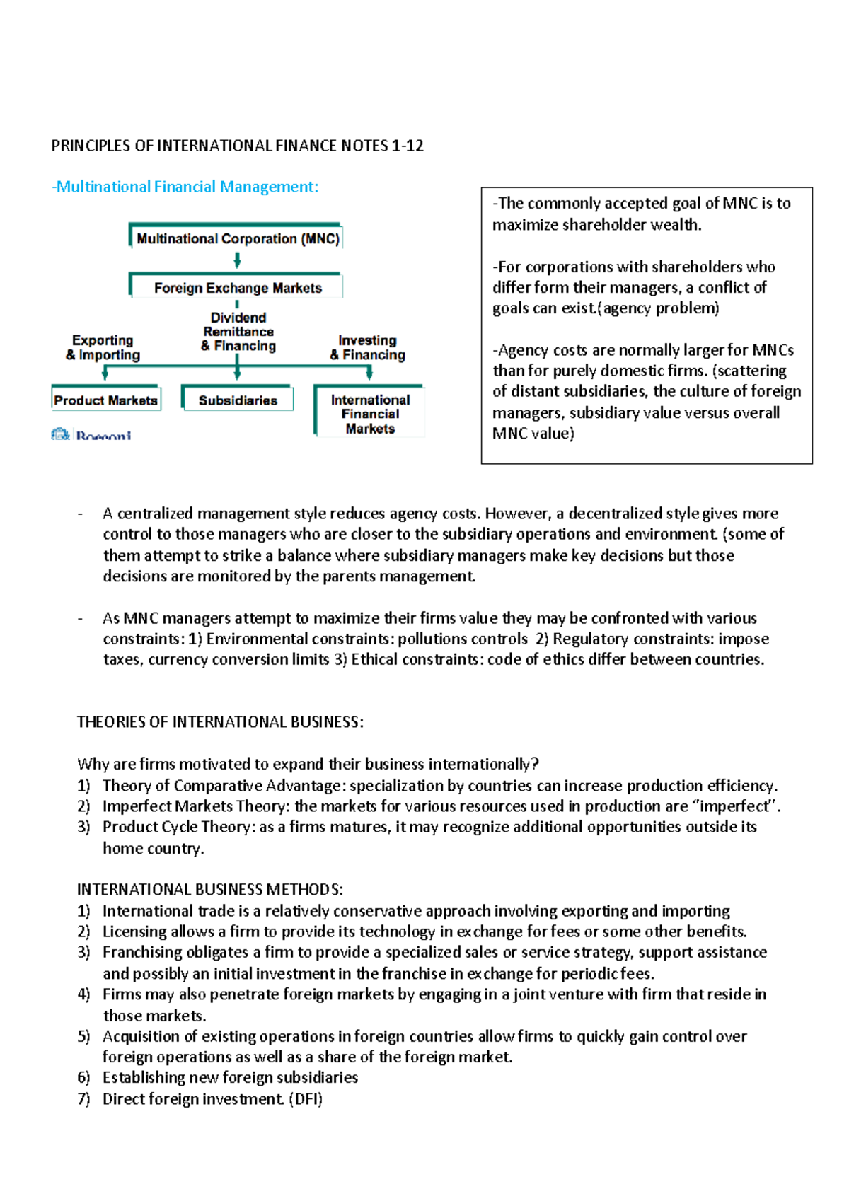 Principles OF International Finance Notes 1 - PRINCIPLES OF ...