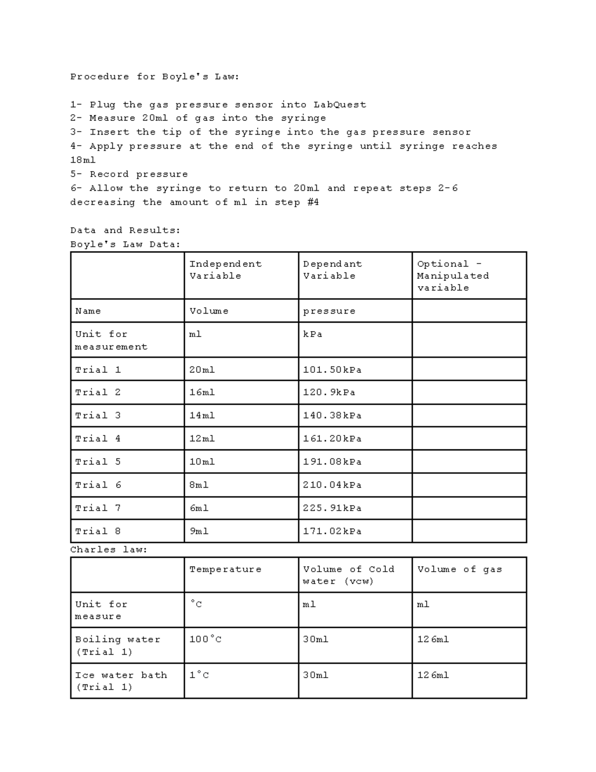 Untitled document .. Procedure for Boyle's Law 1 Plug the gas