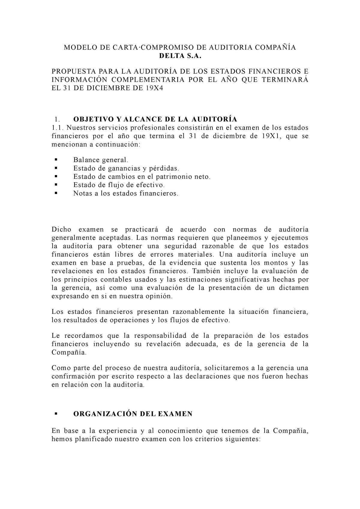Modelo DE Carta DE Compromiso - MODELO DE CARTA·COMPROMISO DE AUDITORIA  COMPAÑÍA DELTA S. PROPUESTA - Studocu