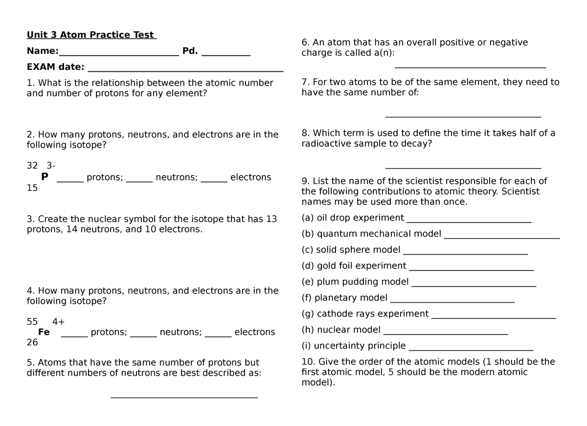 Unit 3 Practice Test - Chemistry Assignment - Unit 3 Atom Practice Test ...